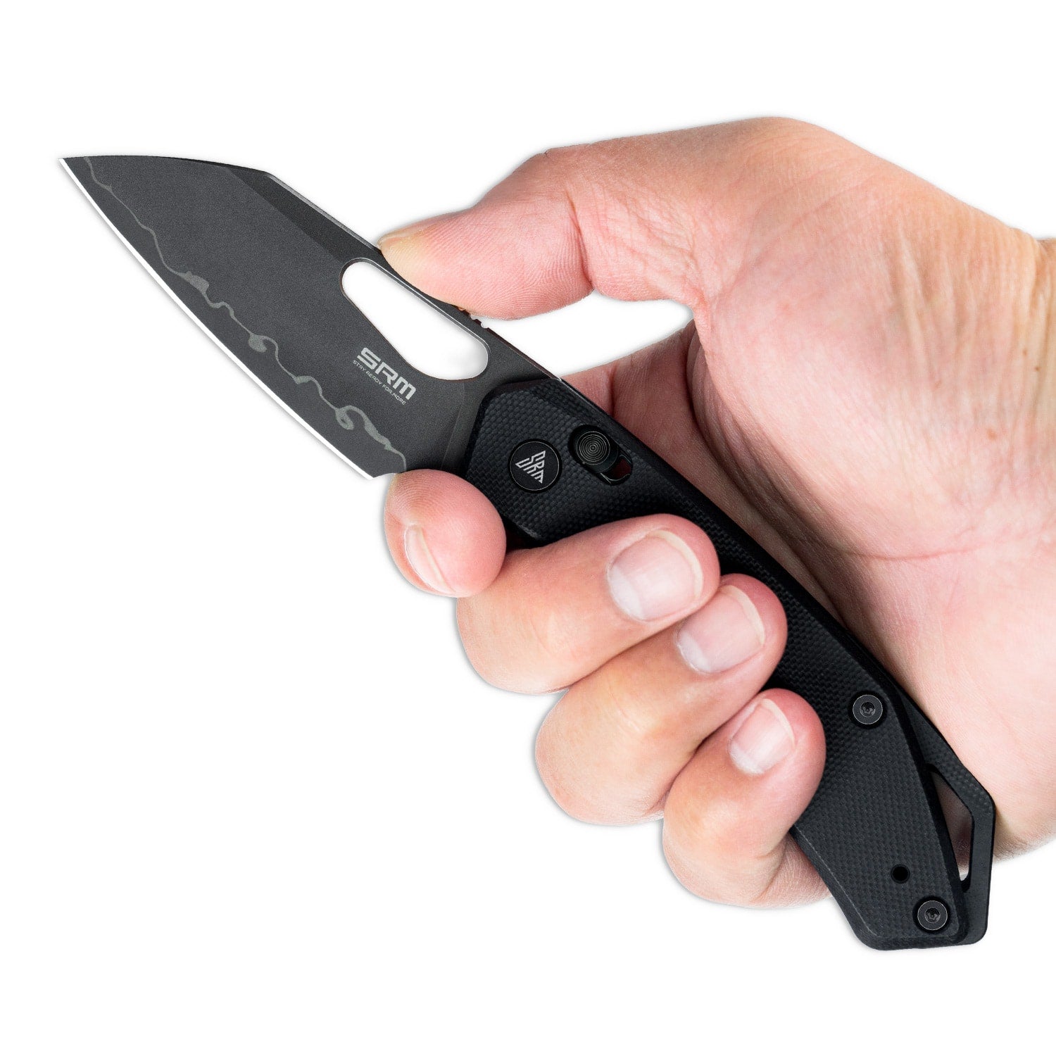 Hand holding SRM Cub 261M-GB2 folding hunting knife
