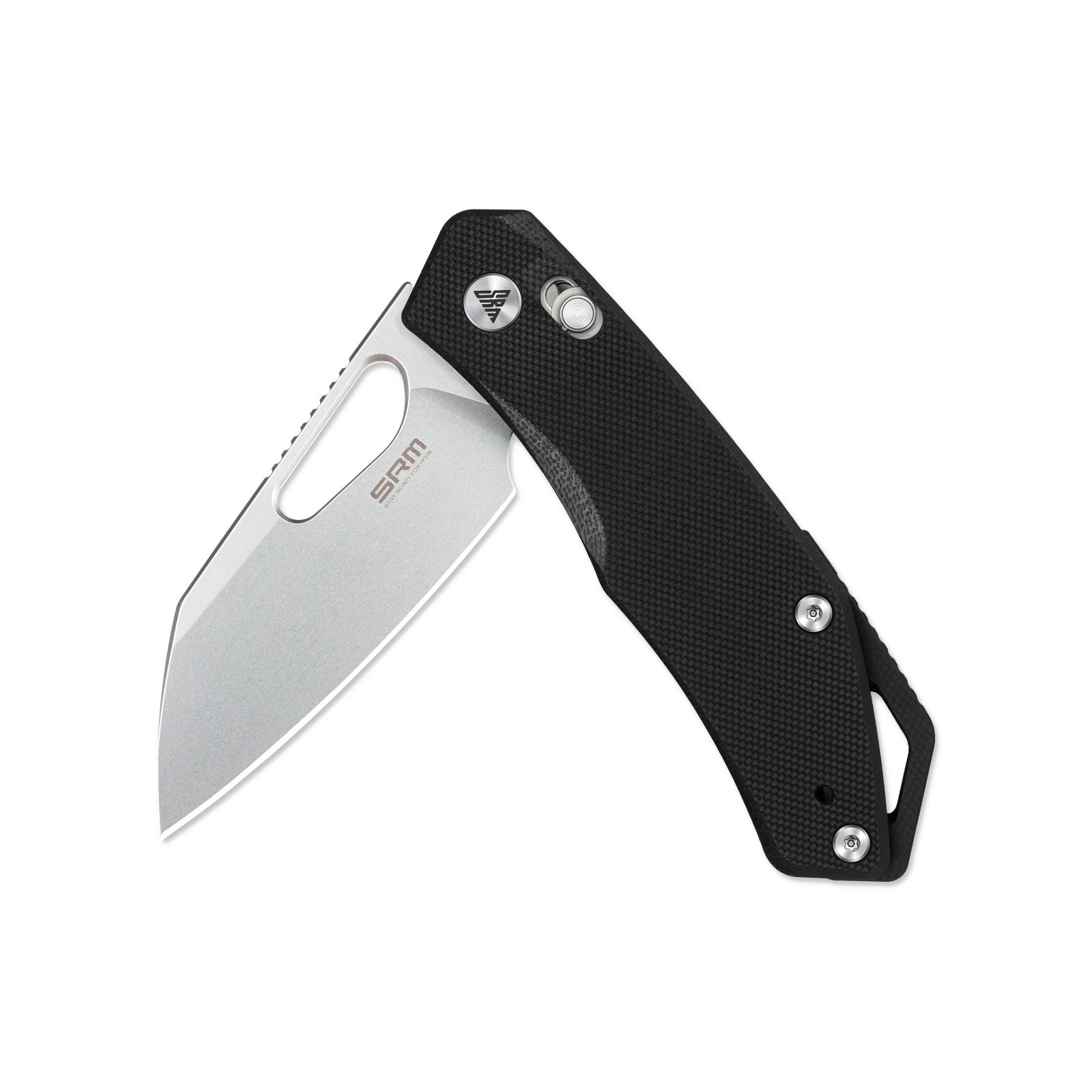 Half-folded state angle of the SRM Cub 261M-GB folding hunting knife with blade open