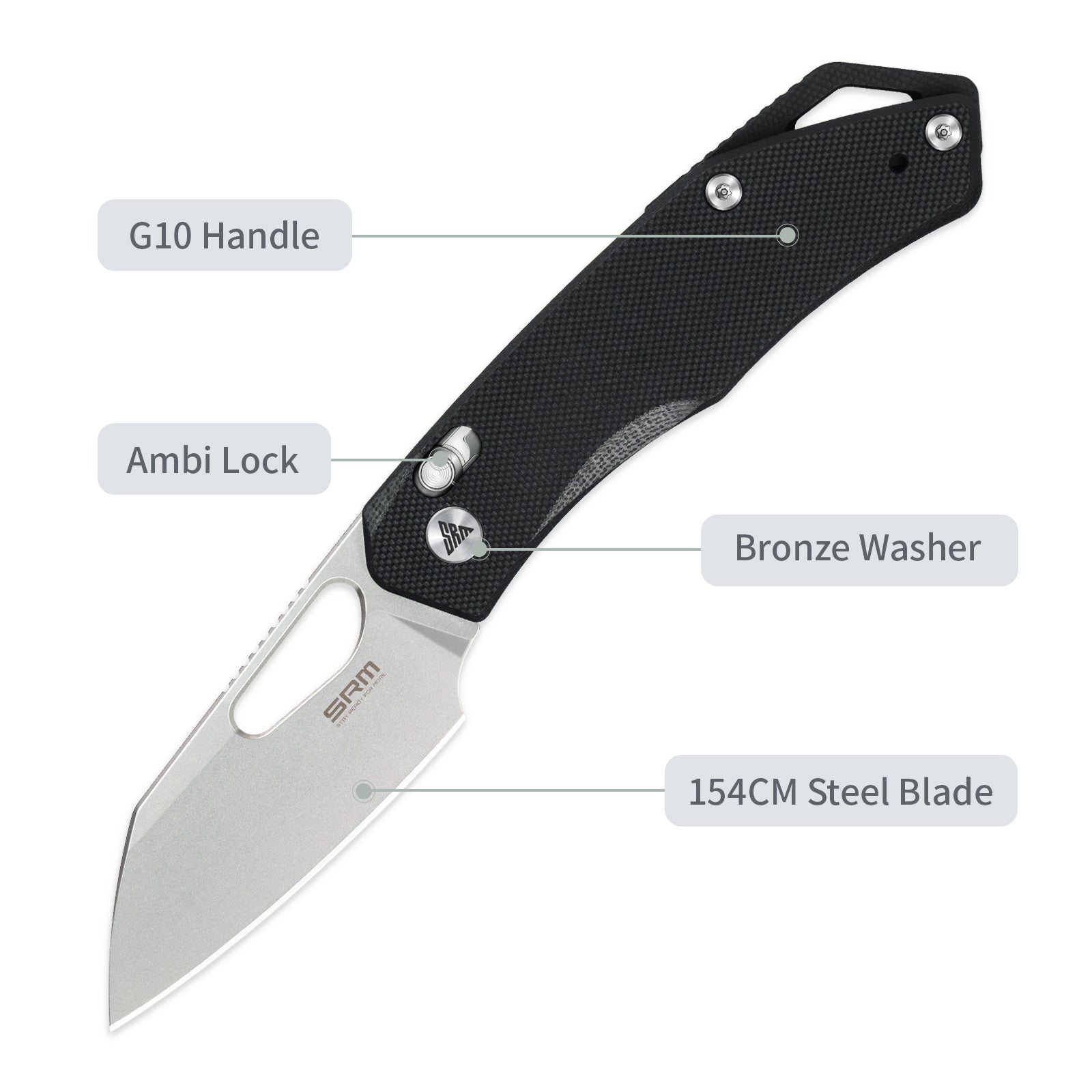 Feature labels of SRM Cub 261M-GB folding hunting knife: ambi lock and steel blade