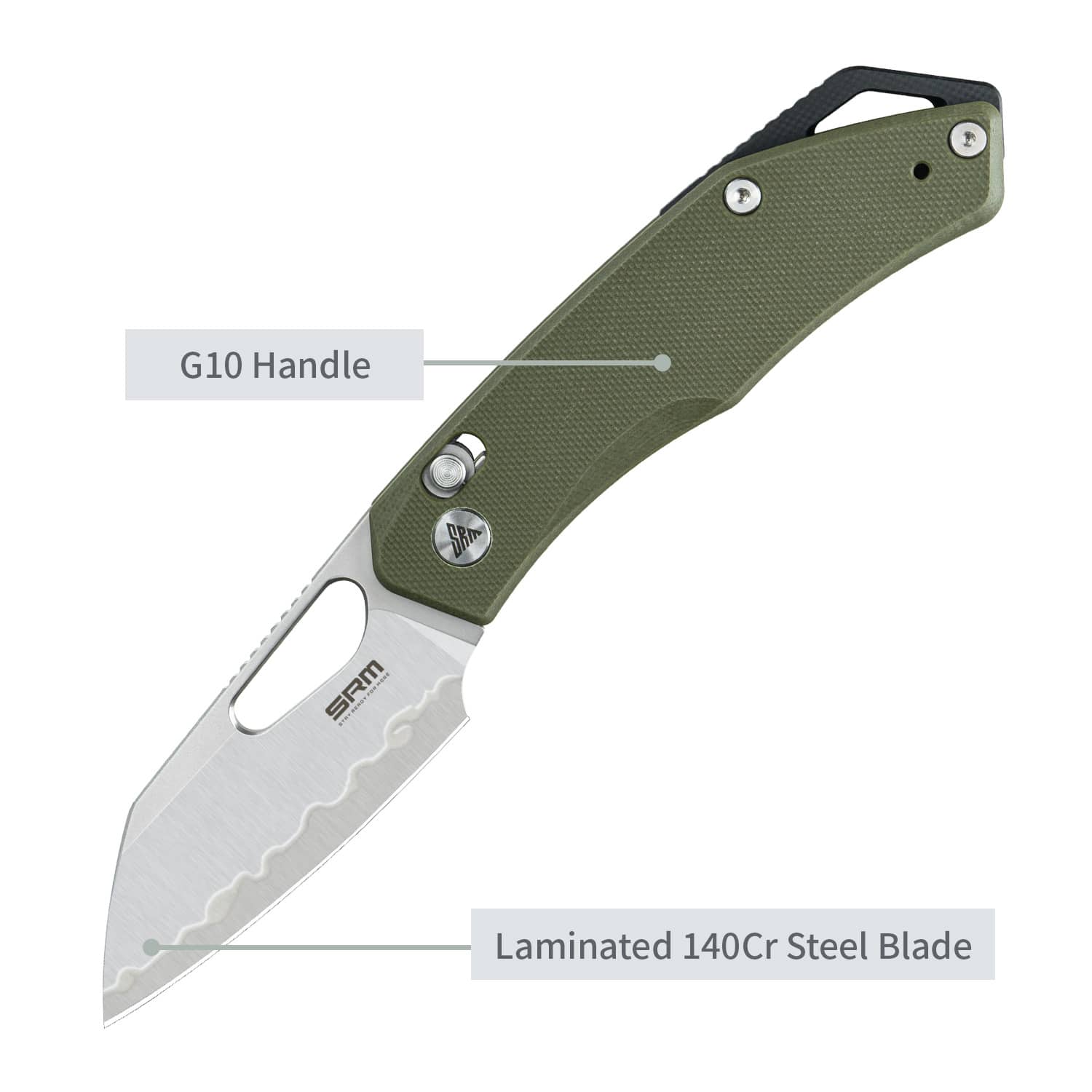 SRM folding hunting knife Cub 261M-GP2 | Green G10 handle with lanyard hole