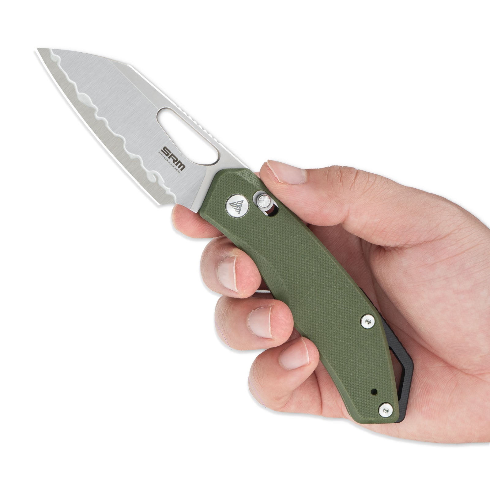 Hand holding SRM Cub 261M-GP2 folding hunting knife