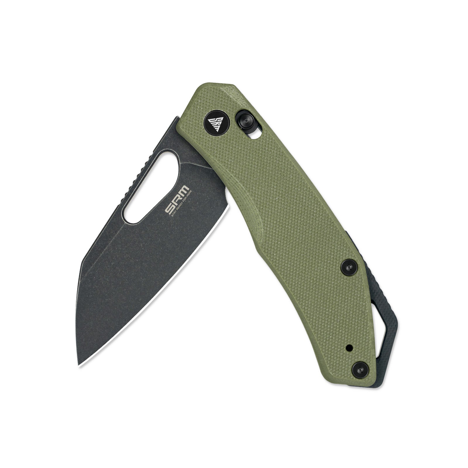 Half-folded state angle of the SRM Cub 261M-GP folding hunting knife with blade open