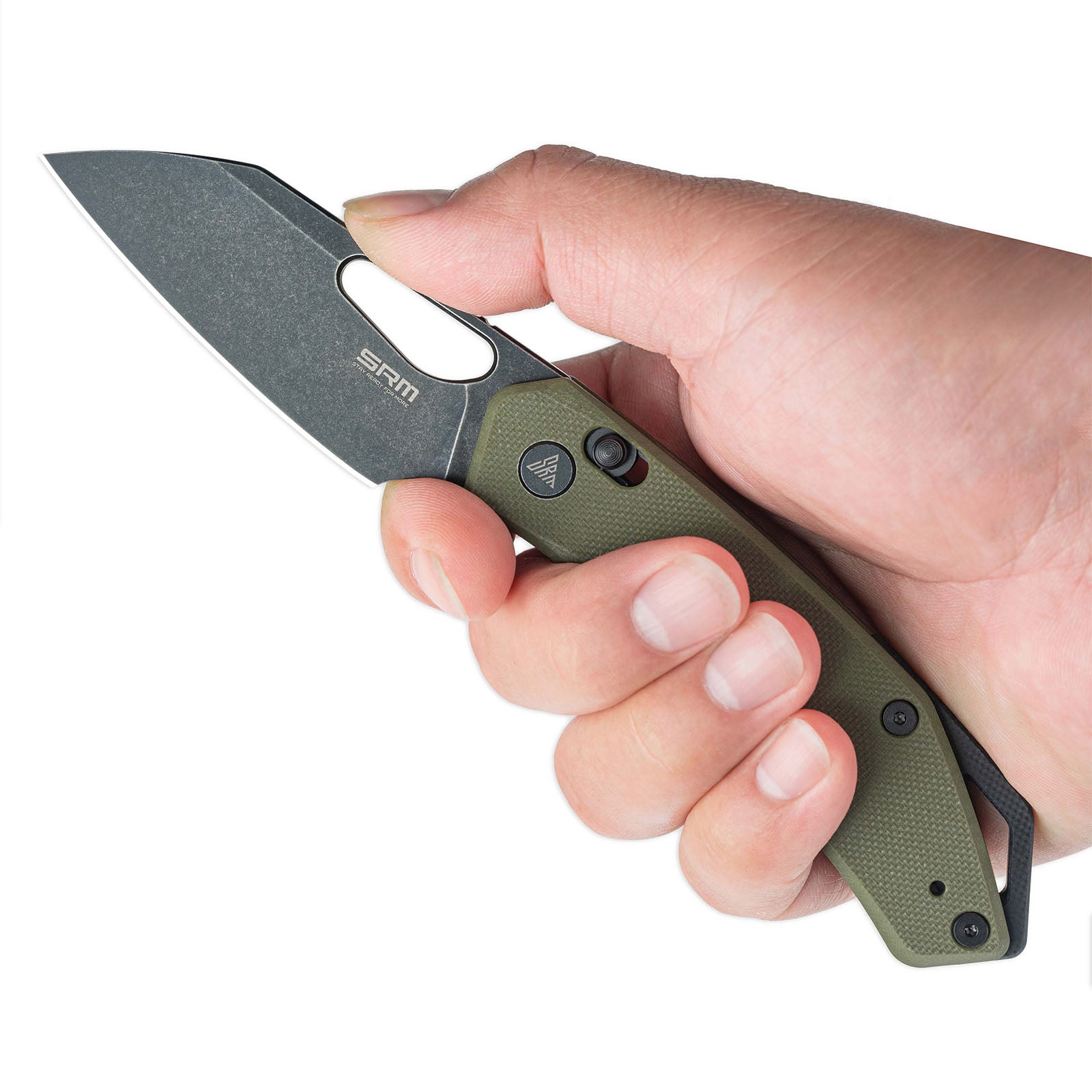 Hand holding SRM Cub 261M-GP folding hunting knife