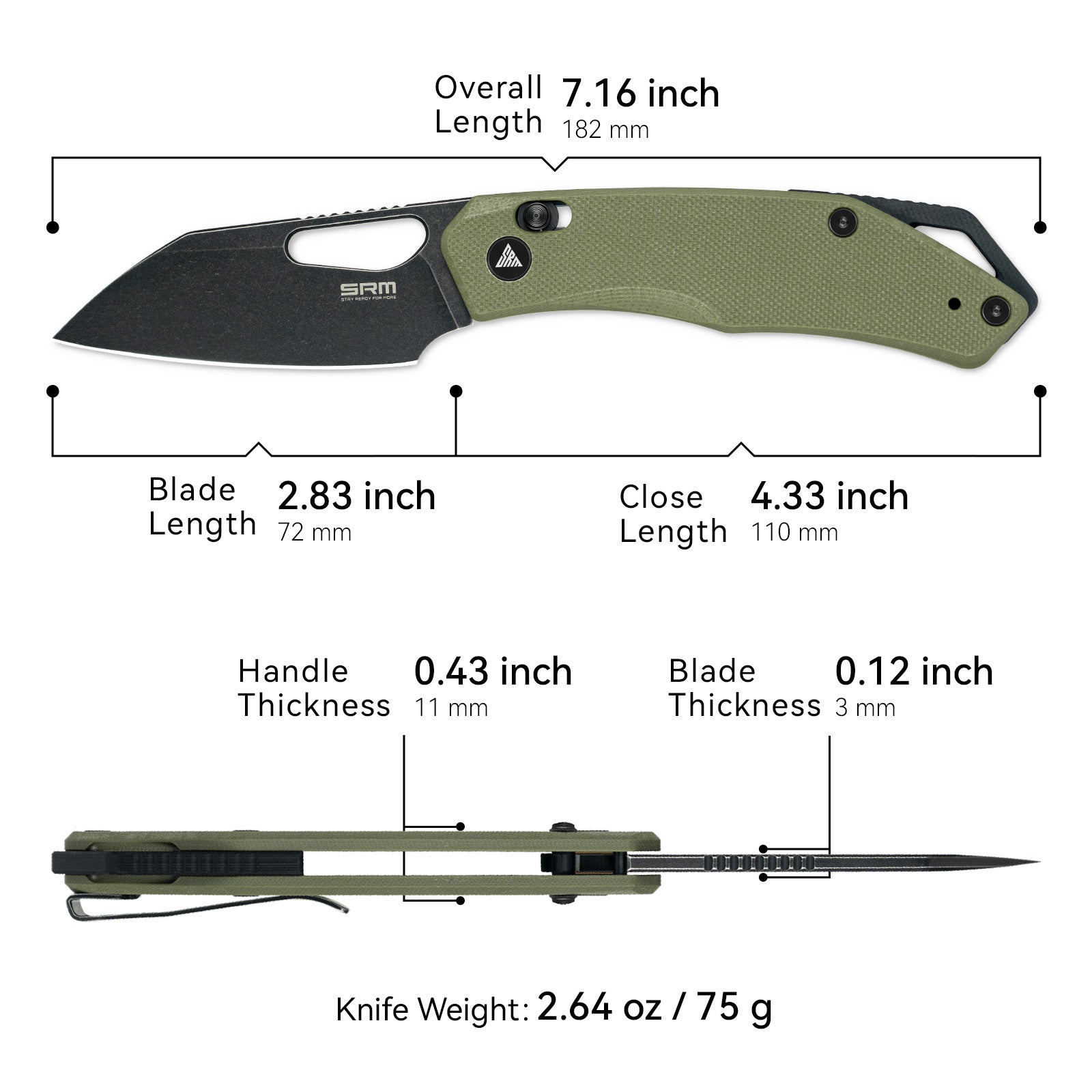 Dimensions and specs of SRM Cub 261M-GP folding hunting knife