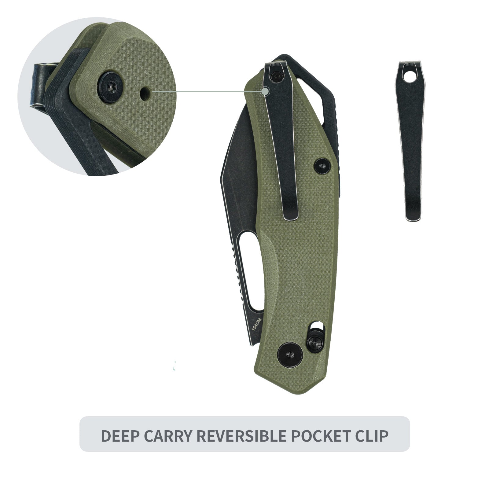 Close-up of SRM Cub 261M-GP folding hunting knife with deep carry reversible pocket clip