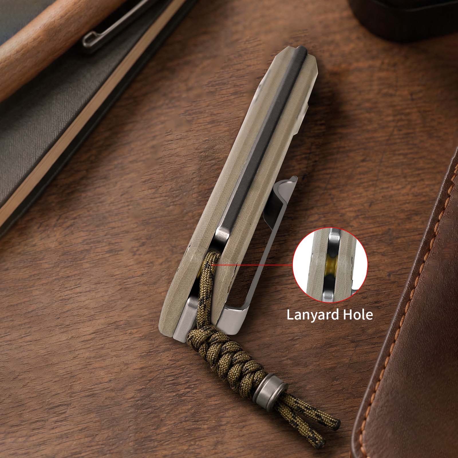 Close-up of the lanyard hole on the SRM Dome 106M-GW slip joint knife