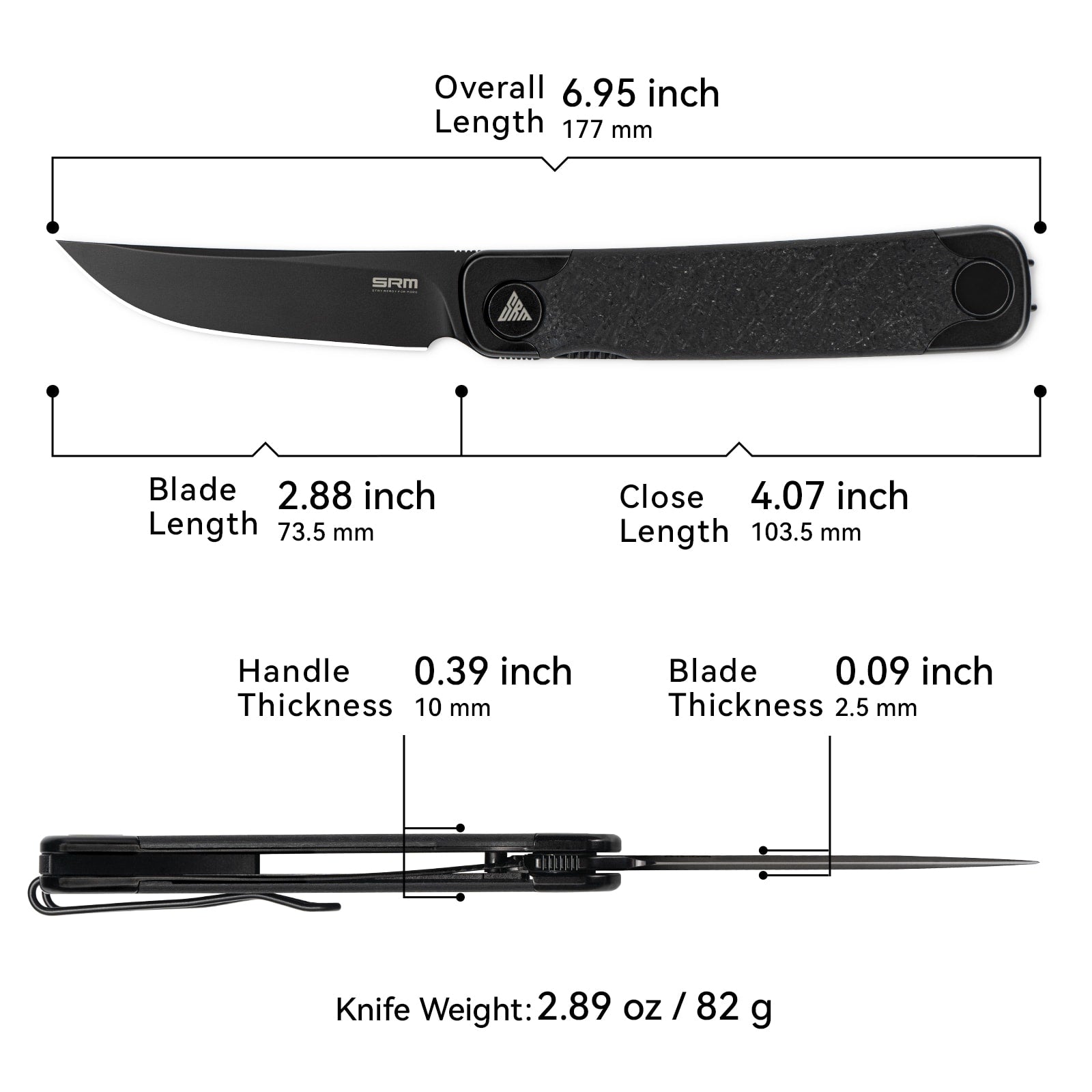 Dimensions and specs of SRM Enso 131M-GB EDC pocket knife