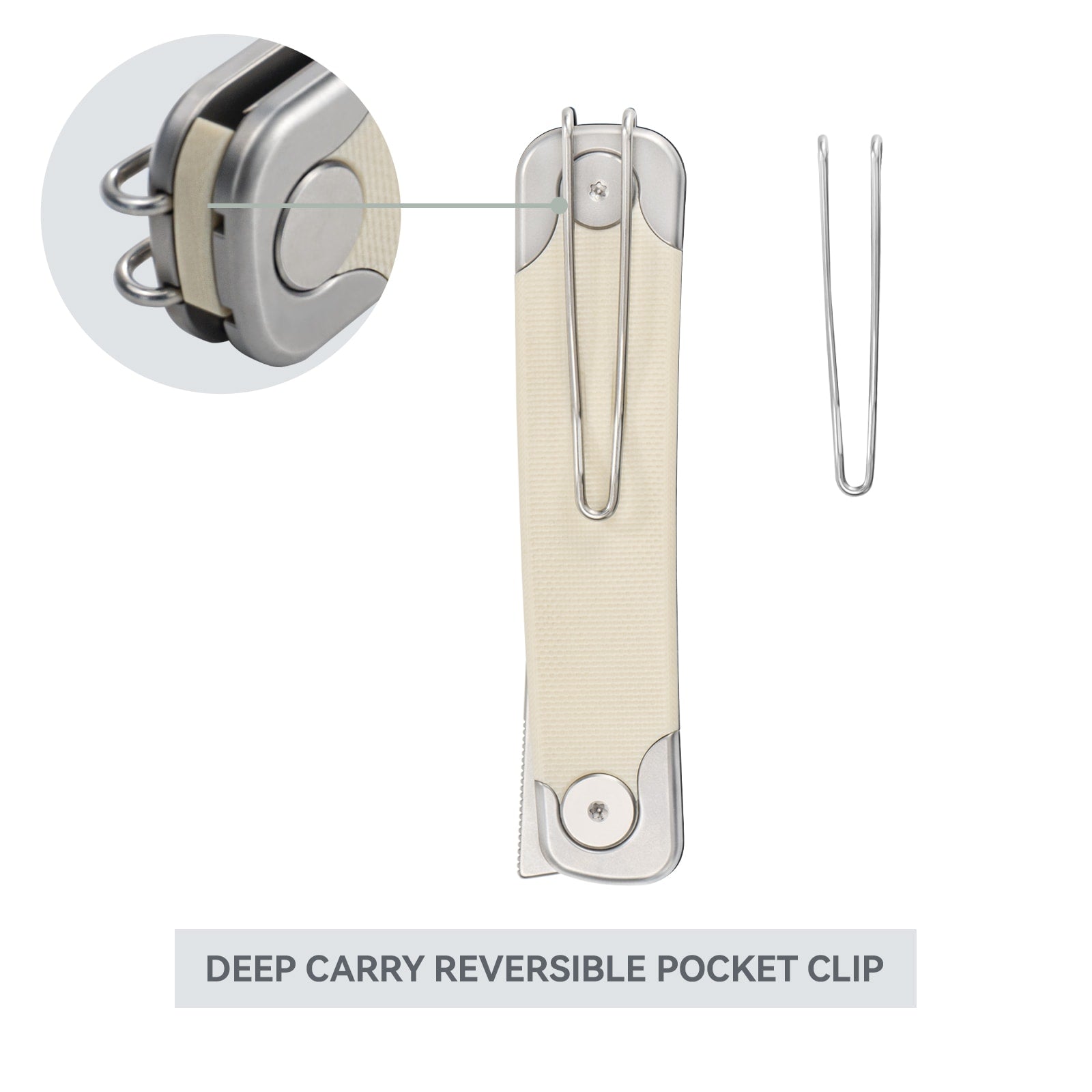 Close-up of SRM Enso 131M-GT EDC pocket knife reversible pocket clip