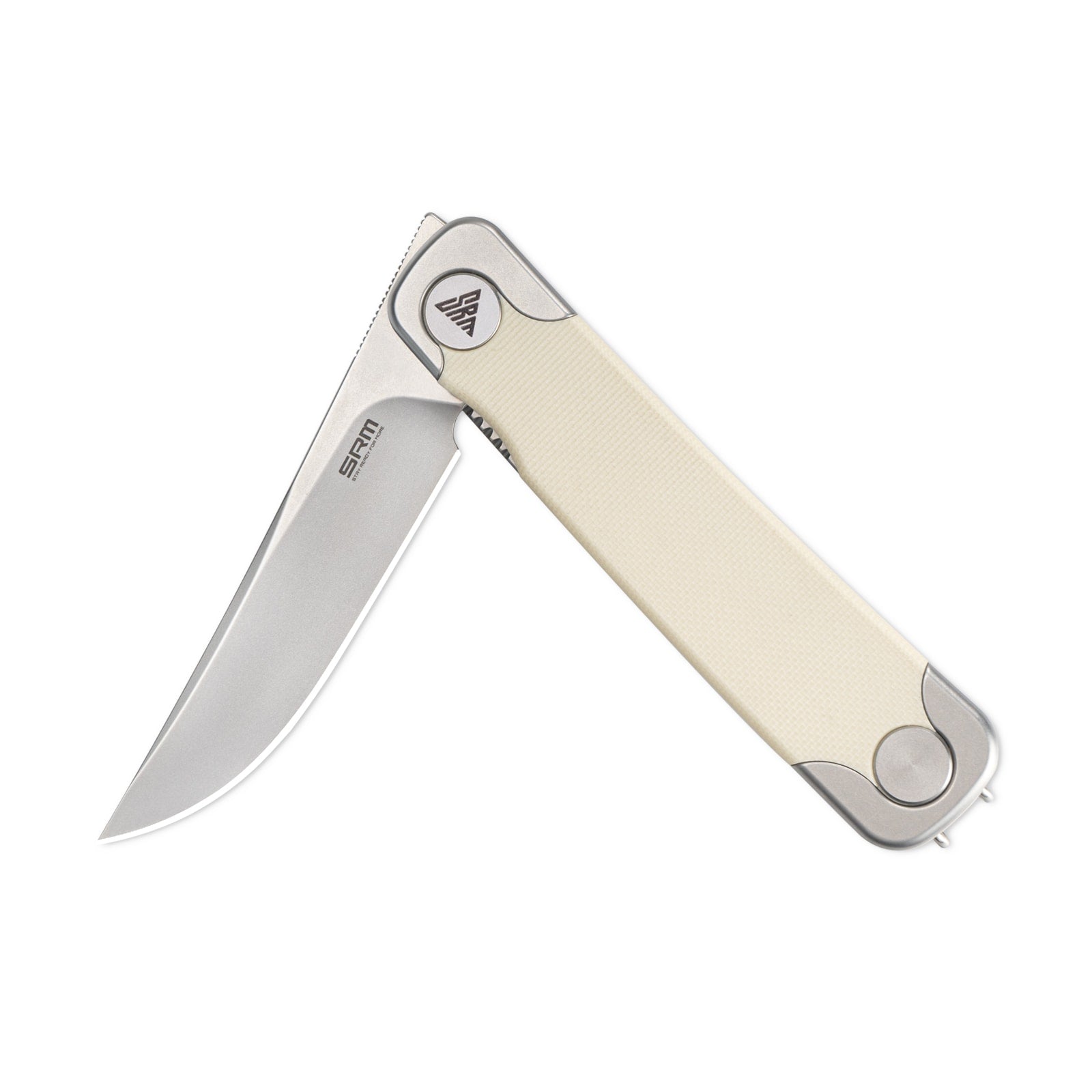Half-folded state angle of the SRM Enso 131M-GT EDC pocket knife with blade open
