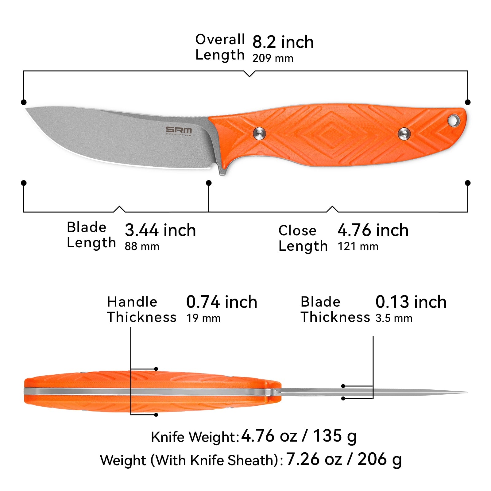 Dimensions and specs of the SRM Fossa 605T-GJ fixed blade hunting knife.