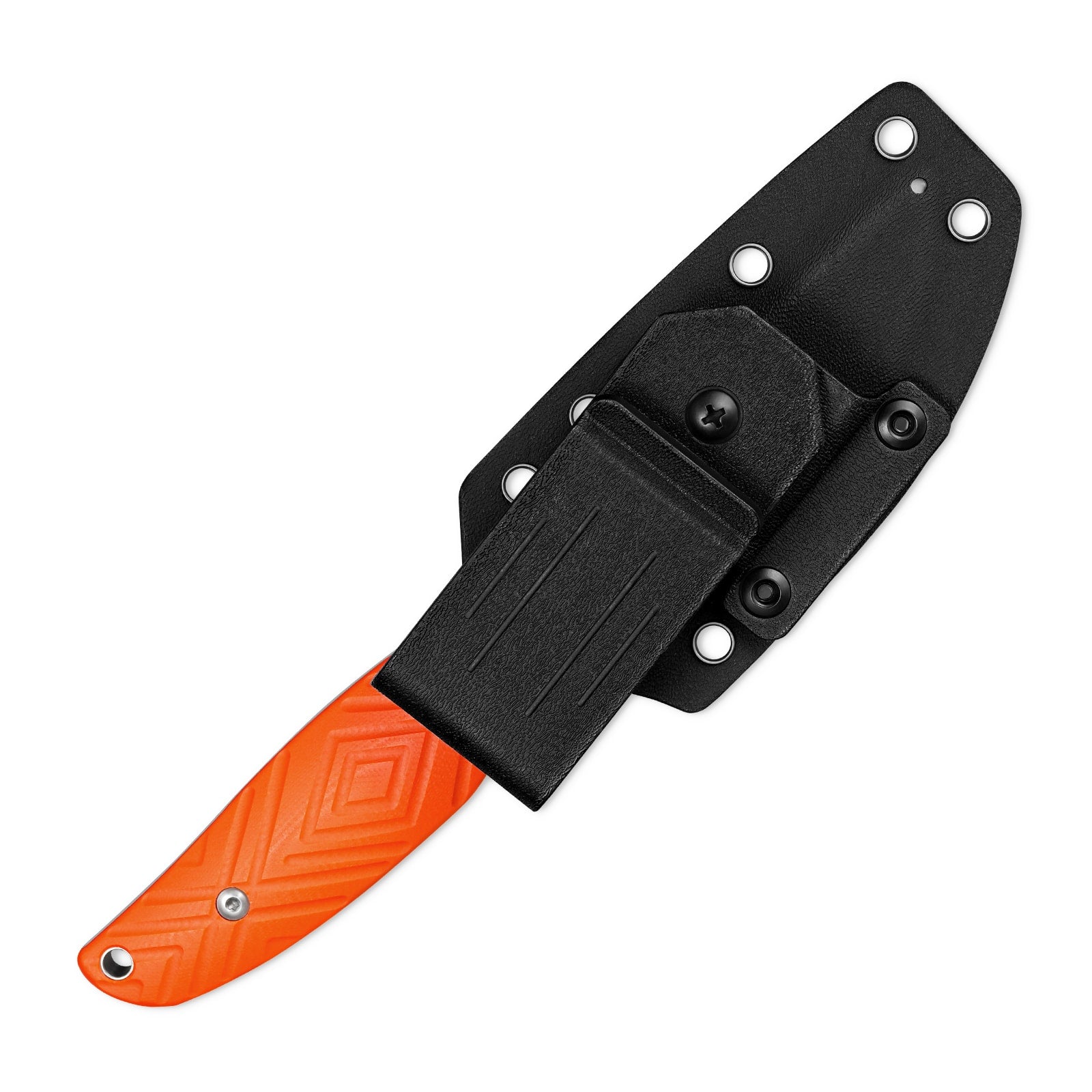 The image displays the reverse side of the SRM Fossa 605T-GJ fixed blade hunting knife with sheath.