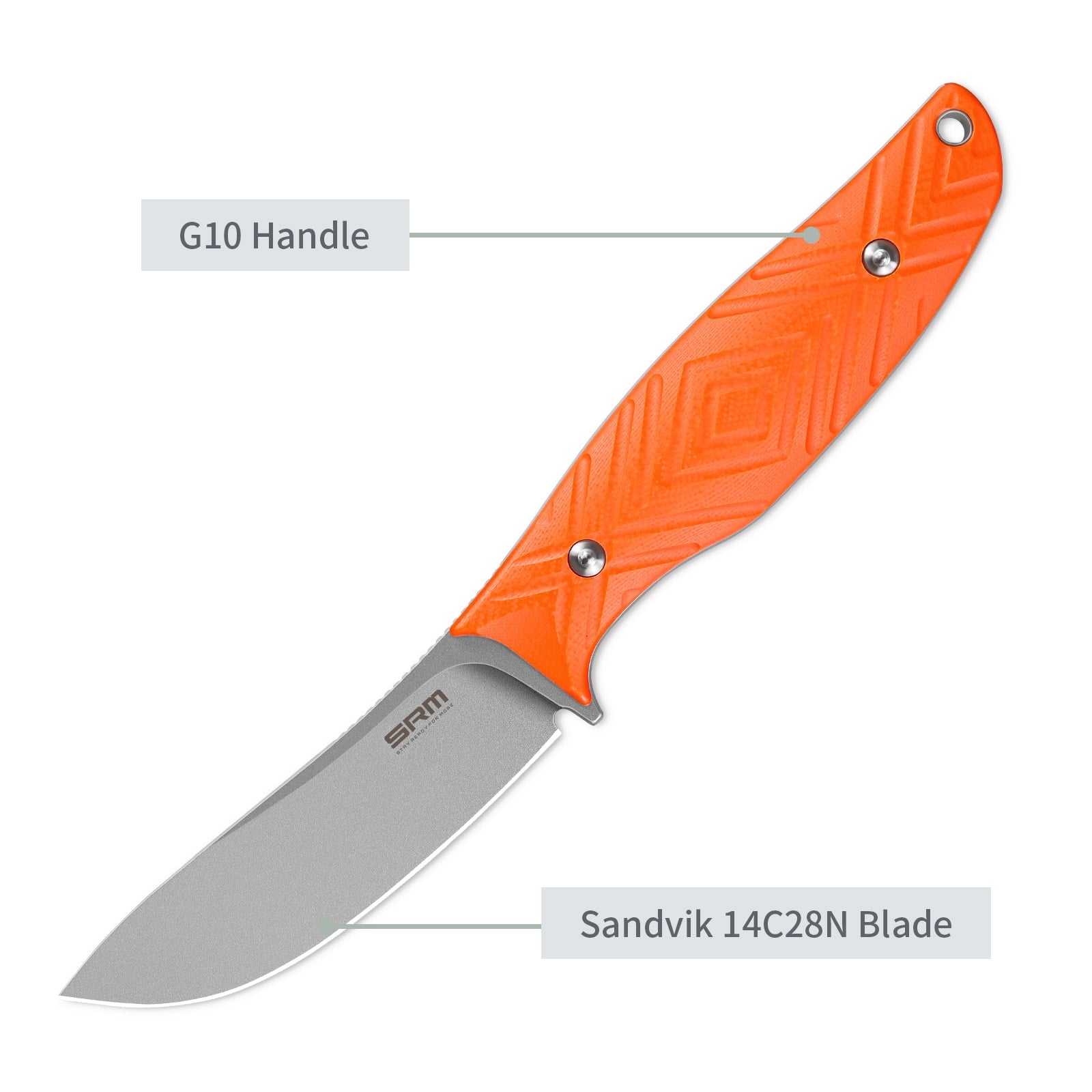 Feature labels of SRM Fossa 605T-GJ fixed blade hunting knife: G10 handle and 14C28N Blade.