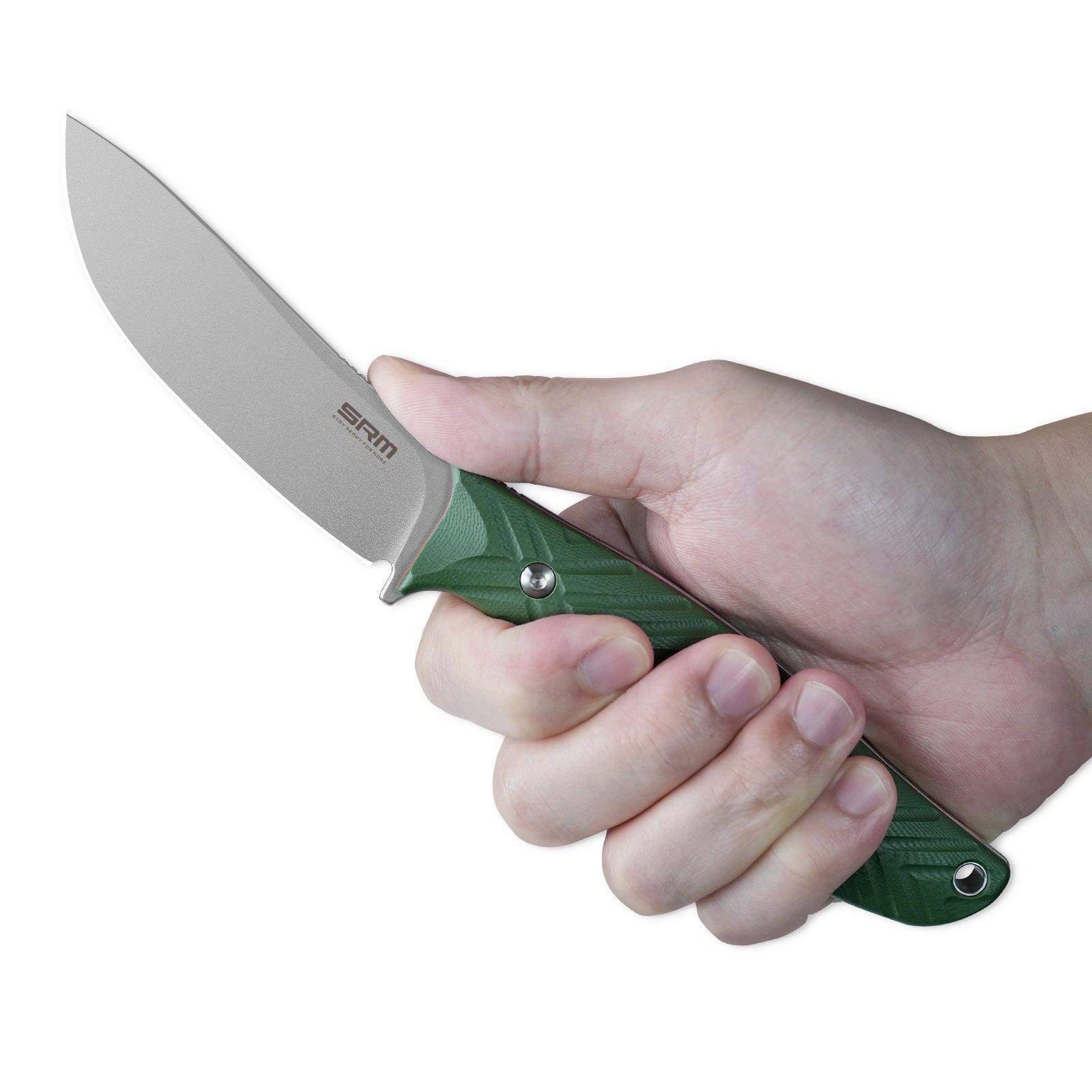 Hand holding SRM Fossa 605T-GP fixed blade hunting knife.