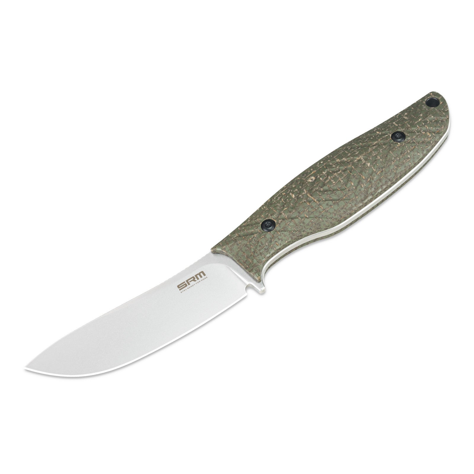 The image showcases the full tang construction of the SRM Fossa 605T-MP fixed blade hunting knife.