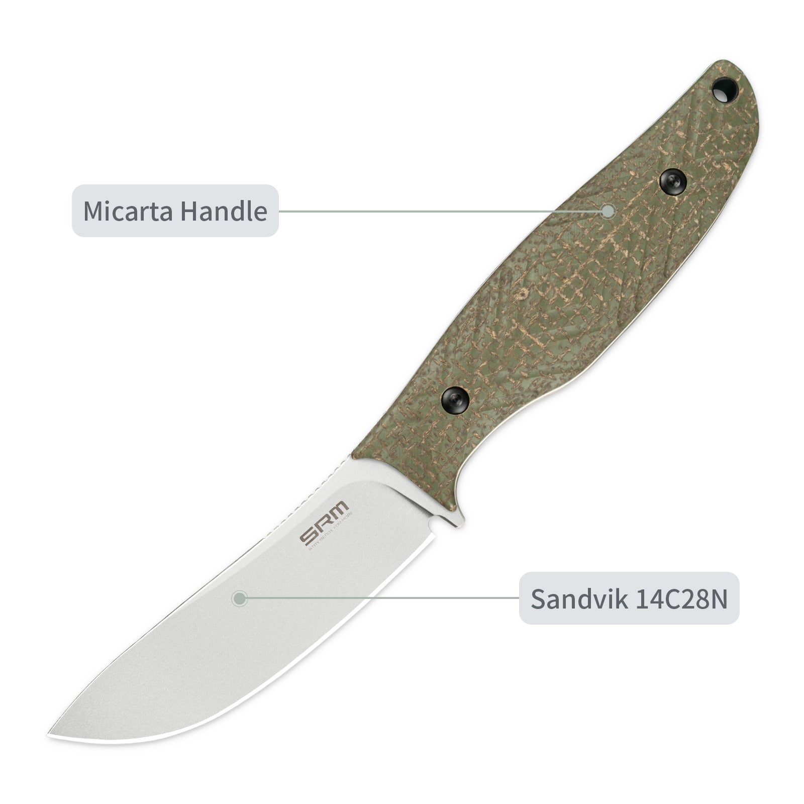 Feature labels of SRM Fossa 605T-MP fixed blade hunting knife: Micarta handle and 14C28N Blade.