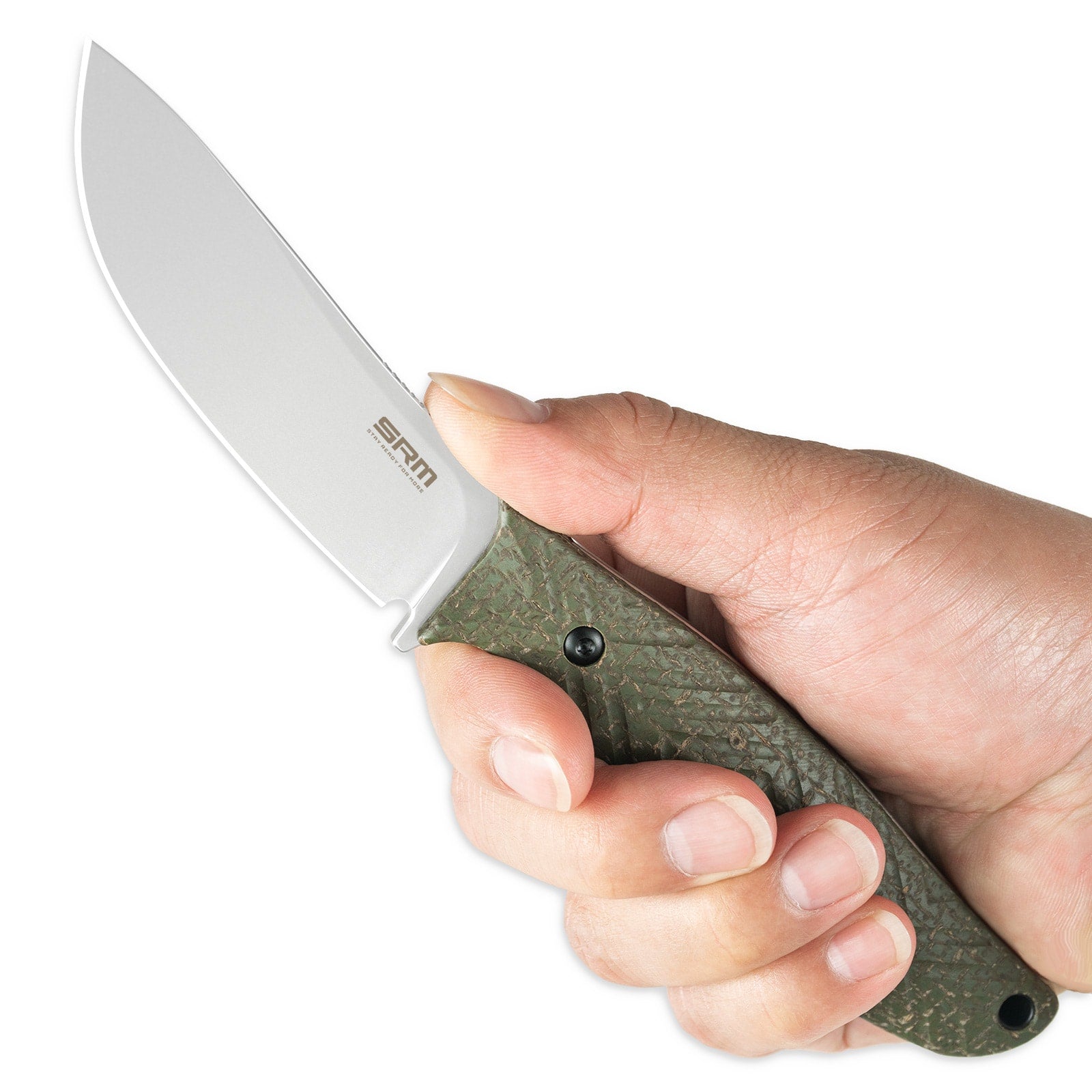 Hand holding SRM Fossa 605T-MP fixed blade hunting knife.