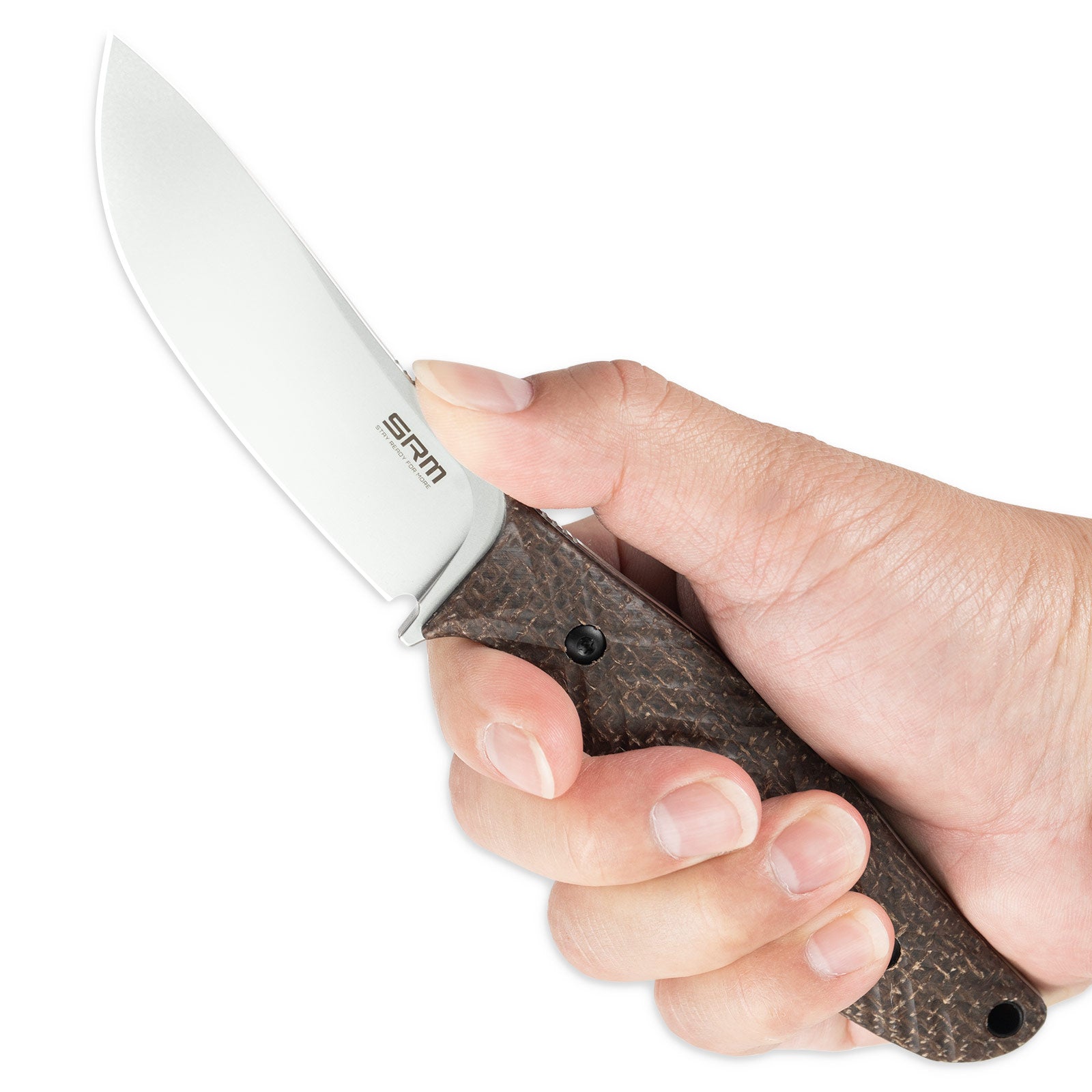 Hand holding SRM Fossa 605T-MW fixed blade hunting knife.