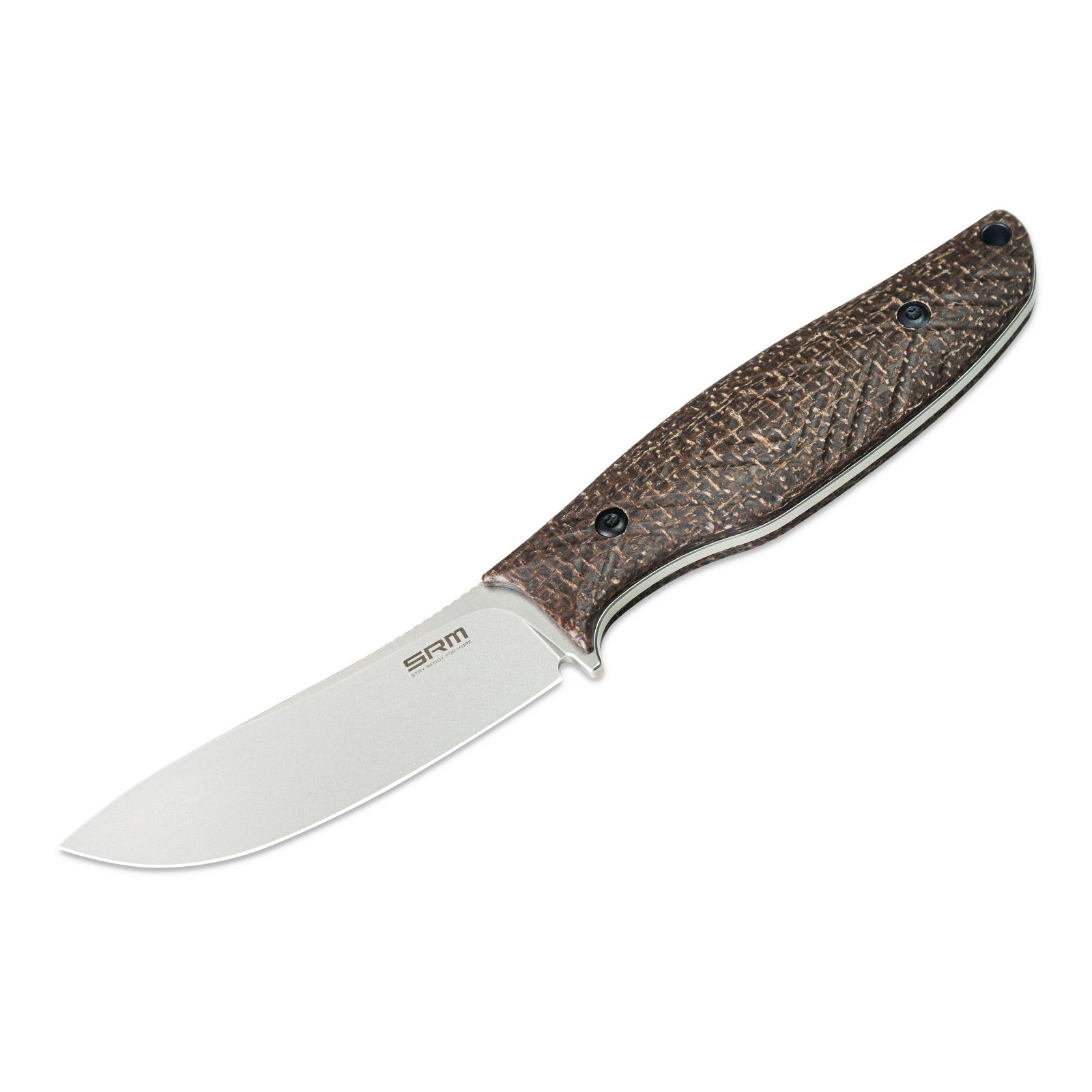 The image showcases the full tang construction of the SRM Fossa 605T-MW fixed blade hunting knife.
