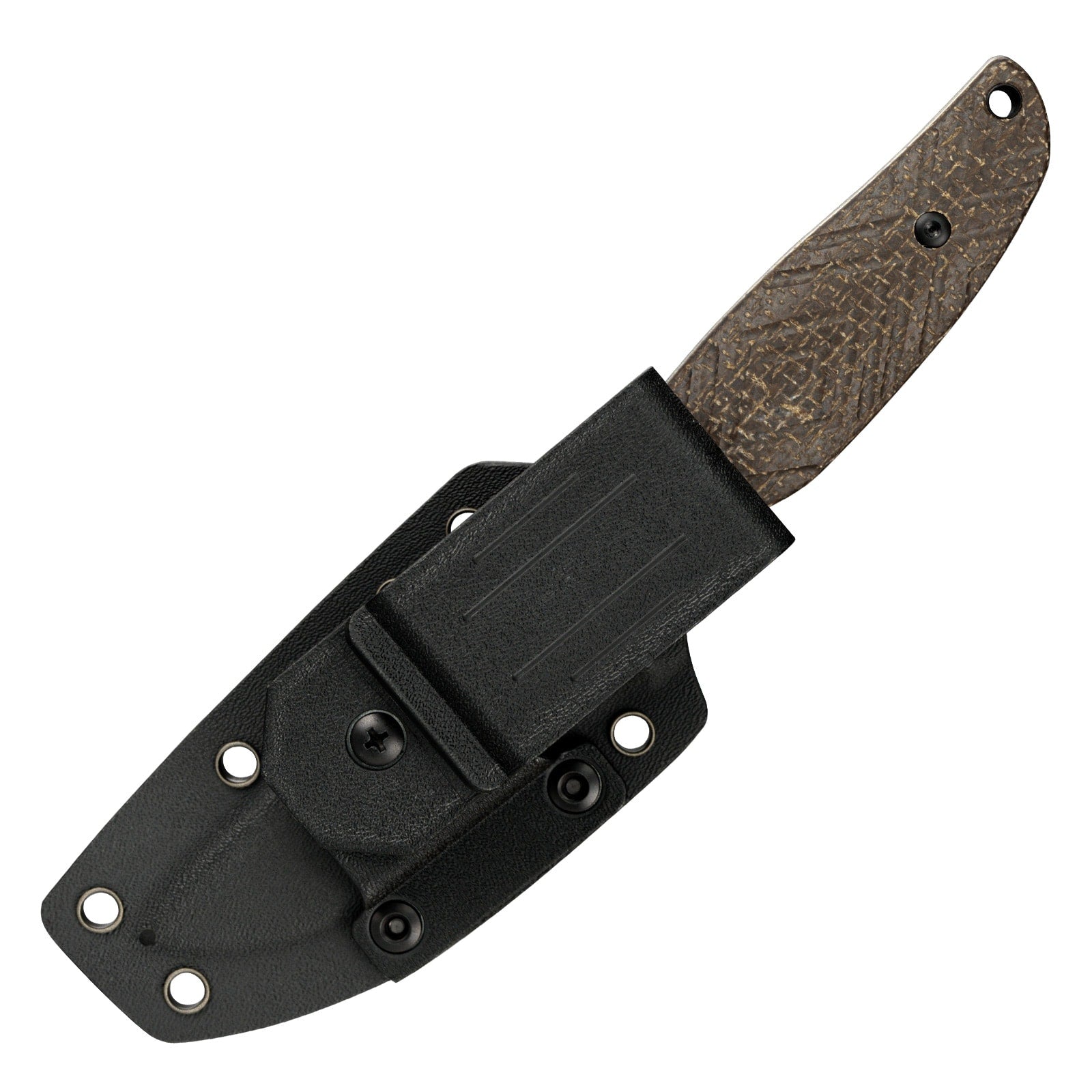 The image displays the reverse side of the SRM Fossa 605T-MW fixed blade hunting knife with sheath.