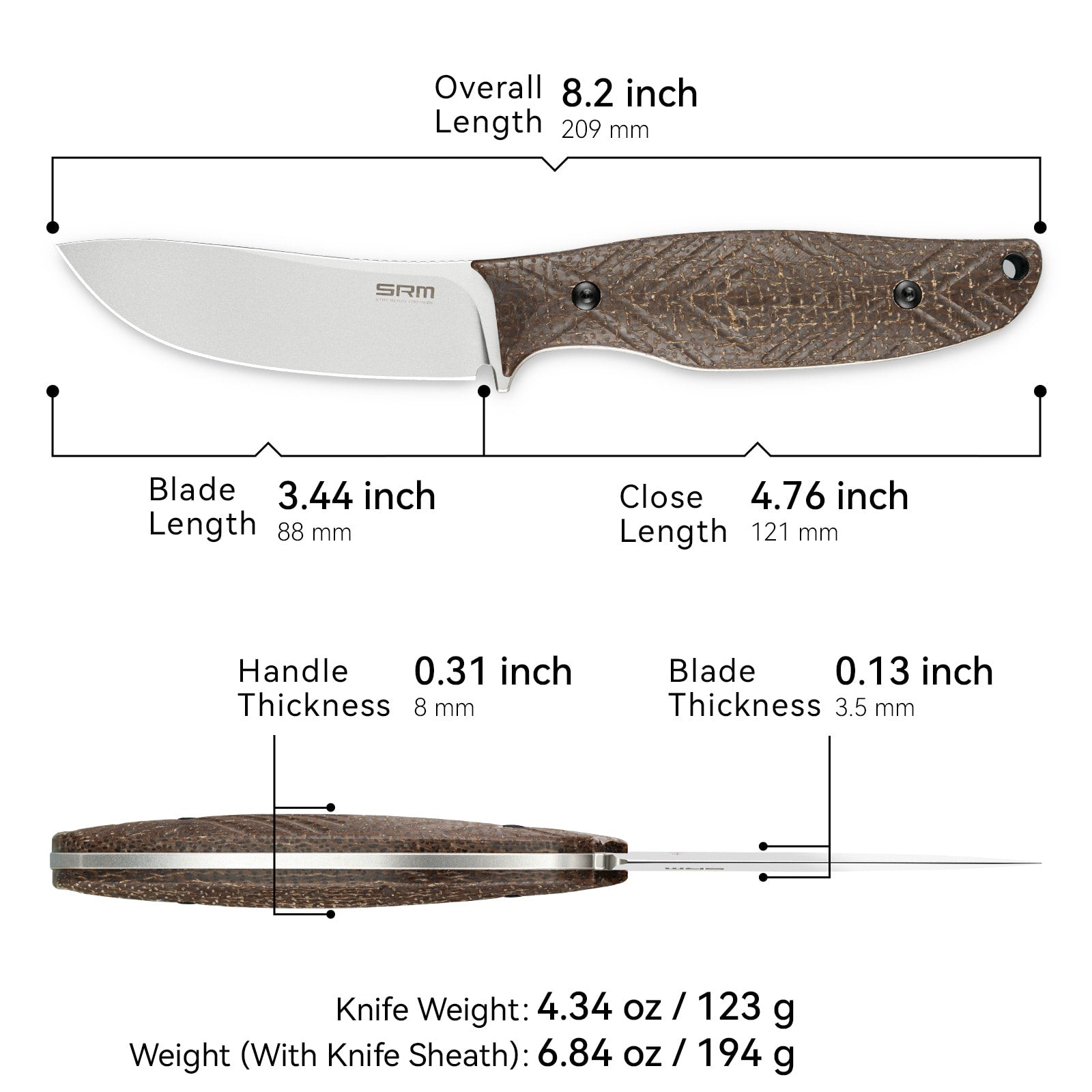 Dimensions and specs of the SRM Fossa 605T-MW fixed blade hunting knife.