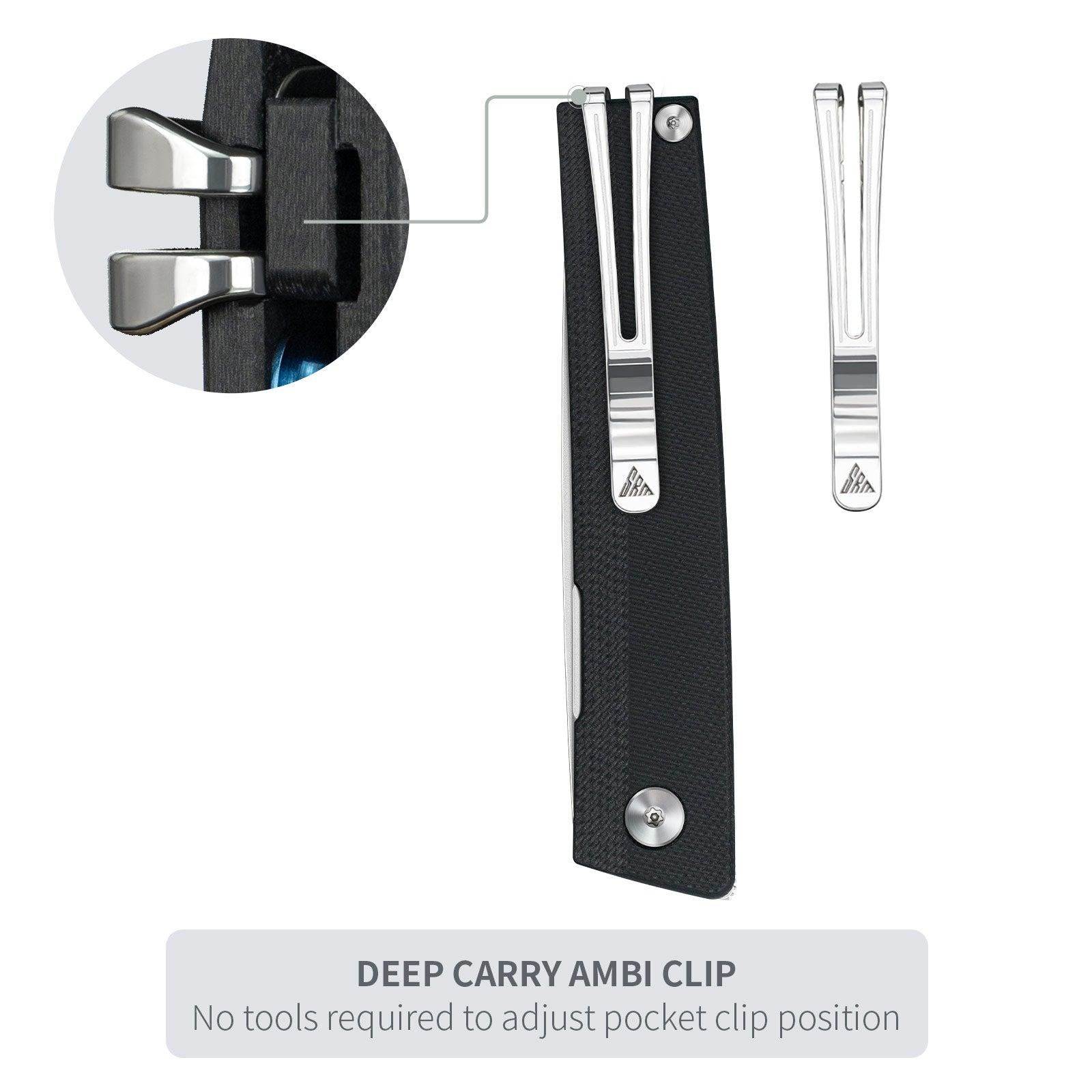 Close-up of SRM Gent 401L-GB EDC knife ambidextrous pocket clip