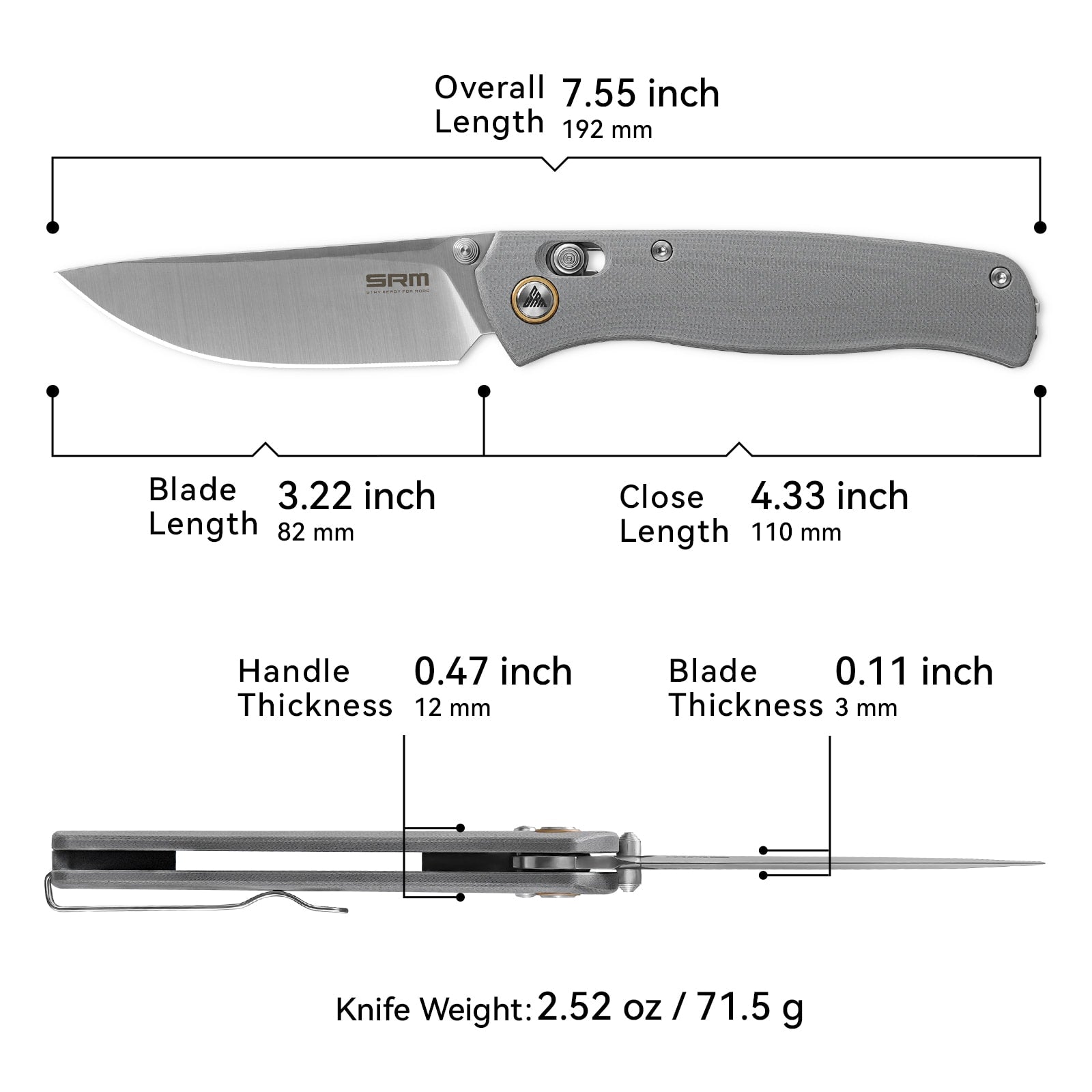 SRM Medal 255L-GK2 (3.2” 10Cr Blade, G10 Handle)