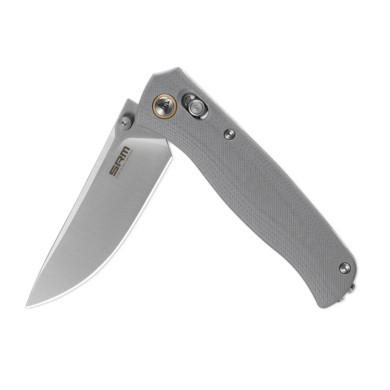 Half-folded state angle of the SRM Medal 255L-GK EDC pocket knife with blade open