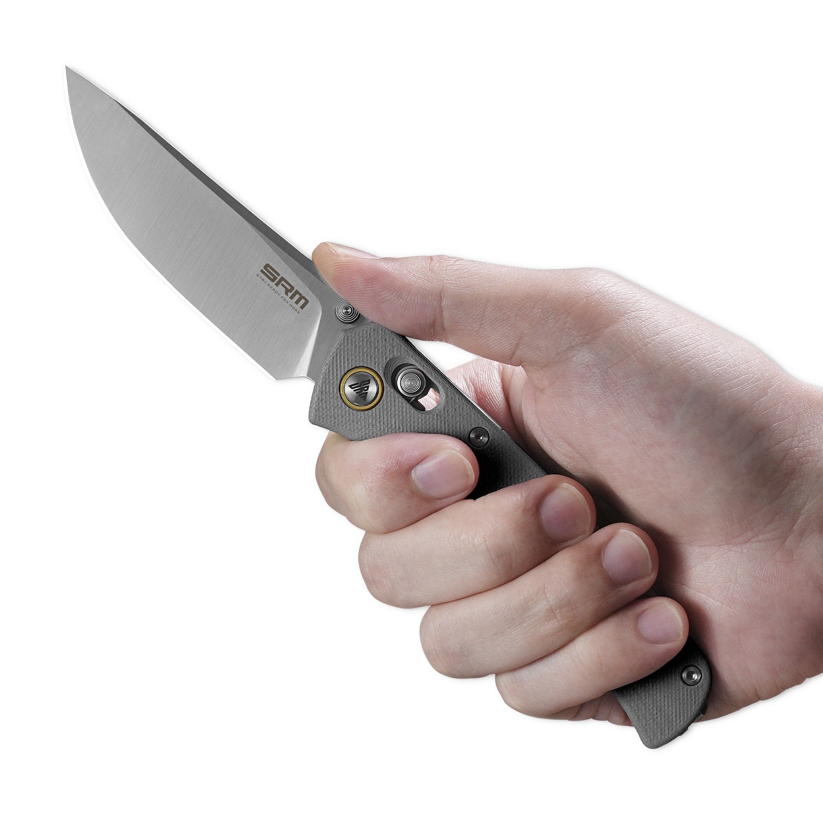 Hand holding SRM Medal 255L-GK EDC pocket knife