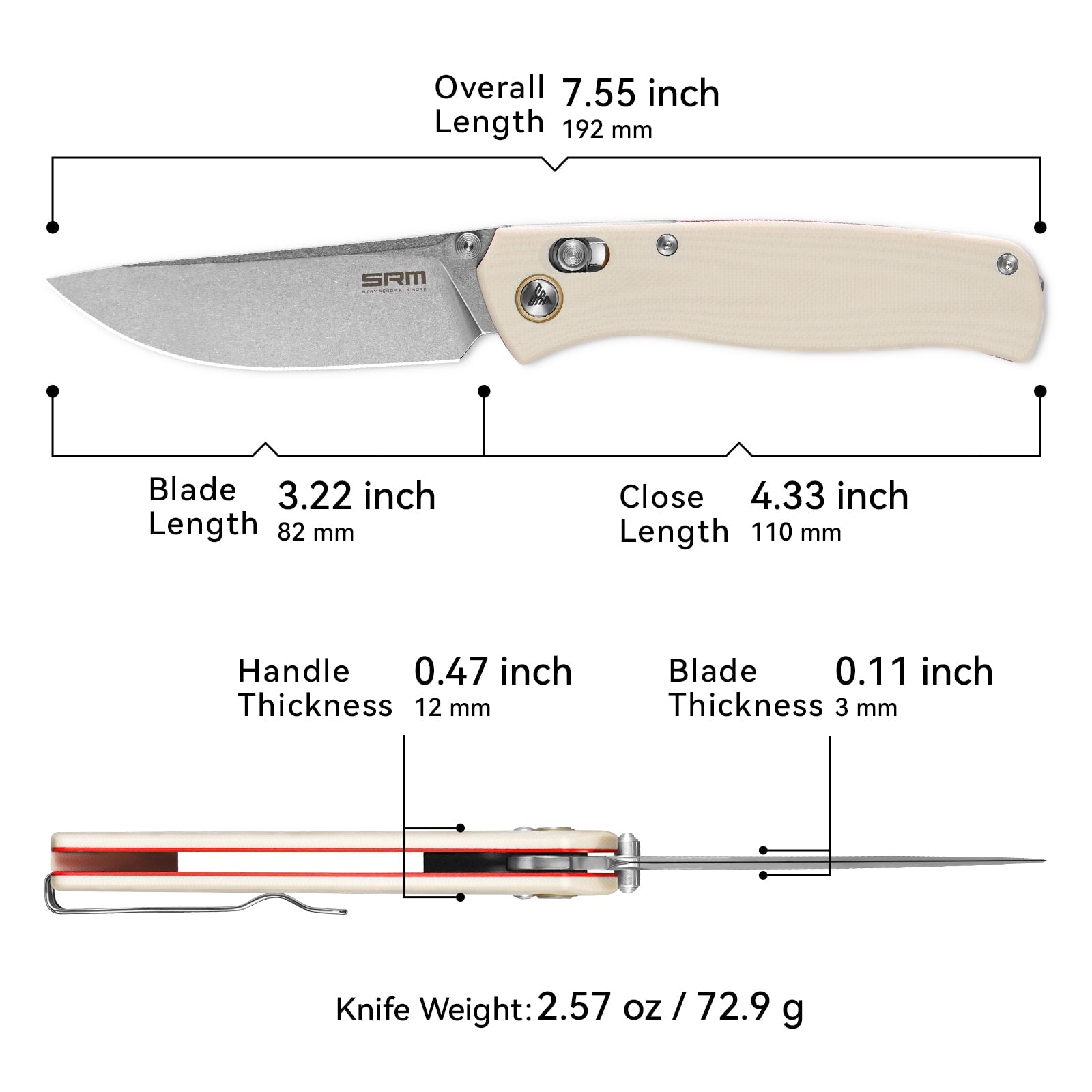 SRM Medal 255L-GT2 EDC Pocket Knife | Ivory G10 handle outdoor knife