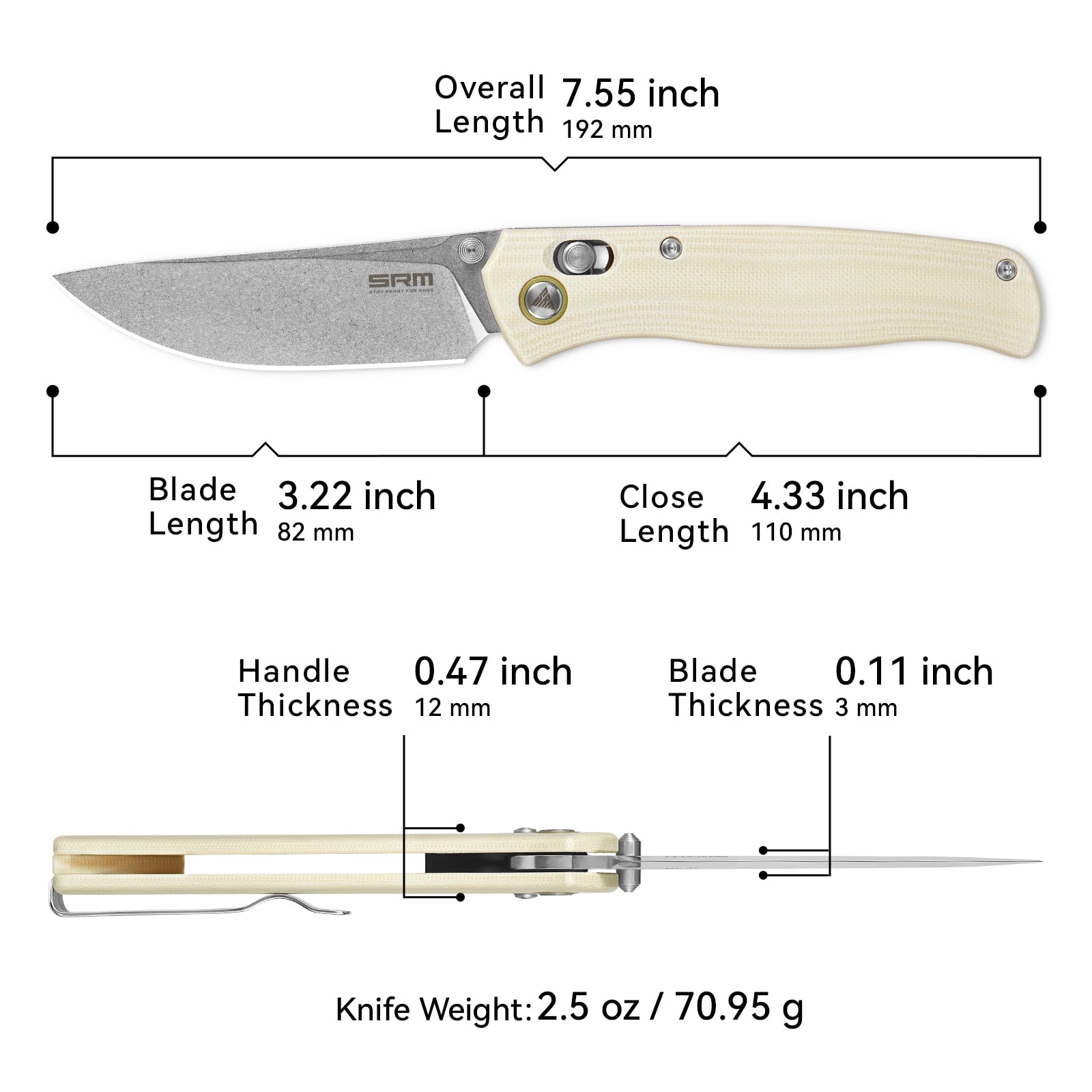 SRM Ambi Lock EDC pocket knife Medal 255L-GT | White G10 Handle