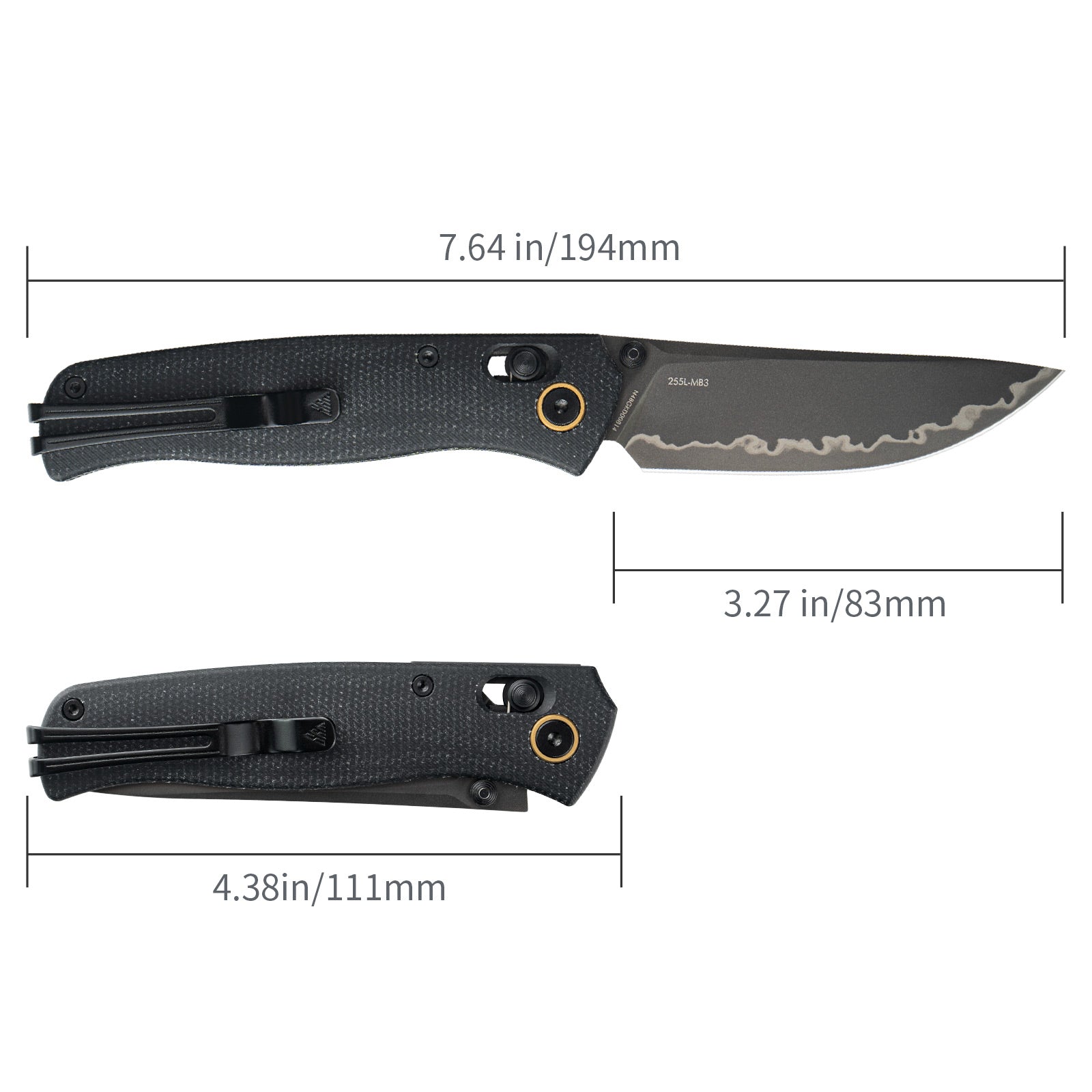 Dimensions and specs of SRM Medal 255L-MB3 EDC pocket knife