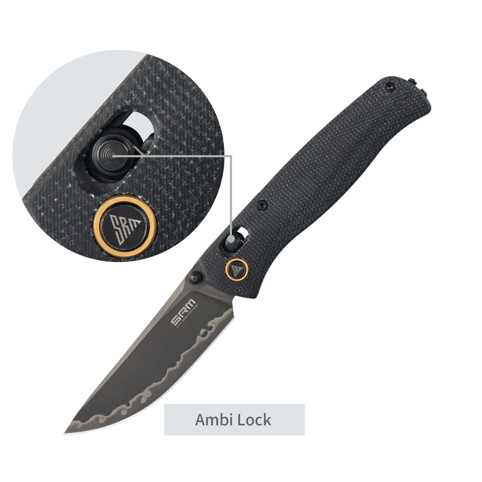 Feature labels of SRM Medal 255L-MB3 EDC pocket knife: ambi lock