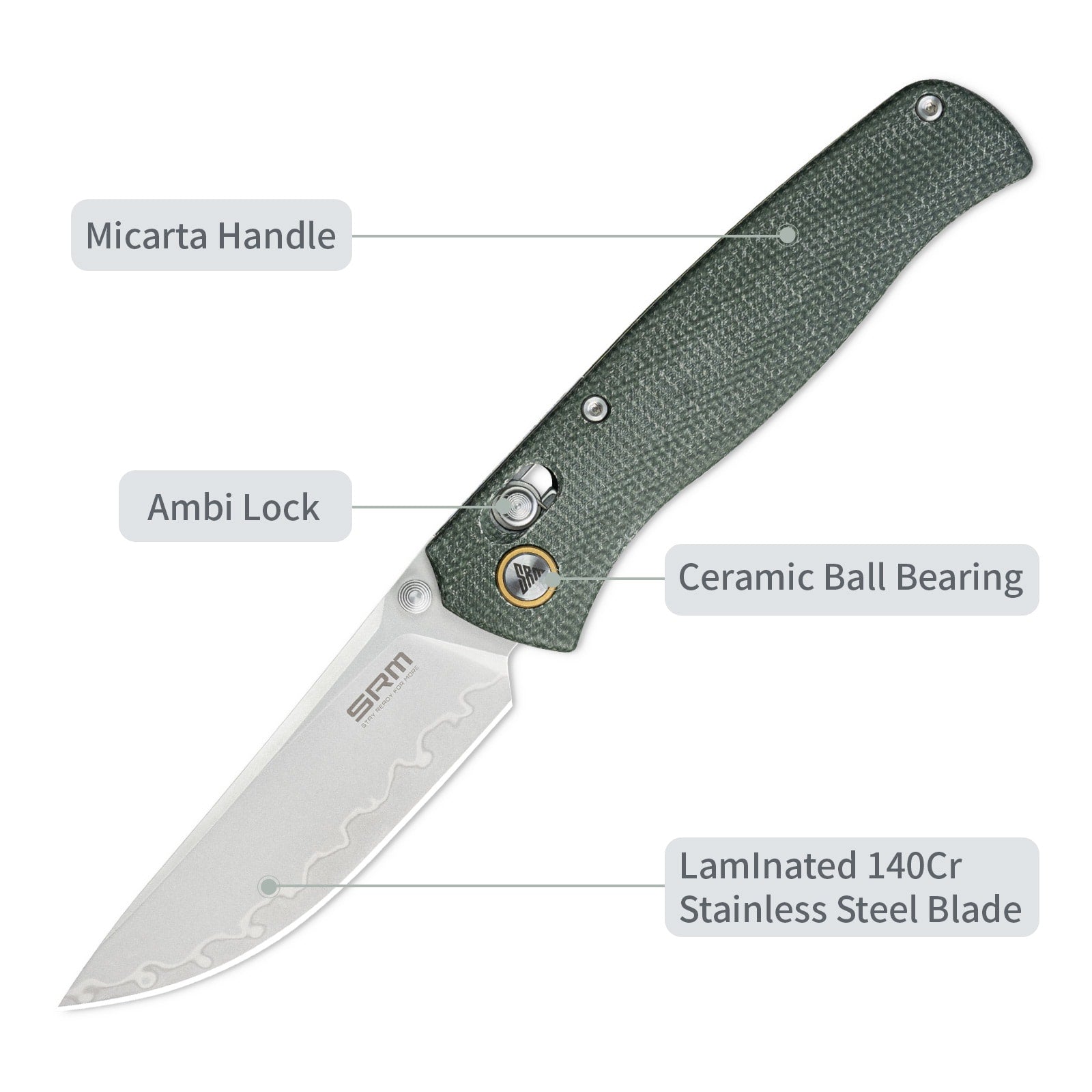 Feature labels of SRM Medal 255L-MG3 EDC pocket knife: ambi lock and steel blade