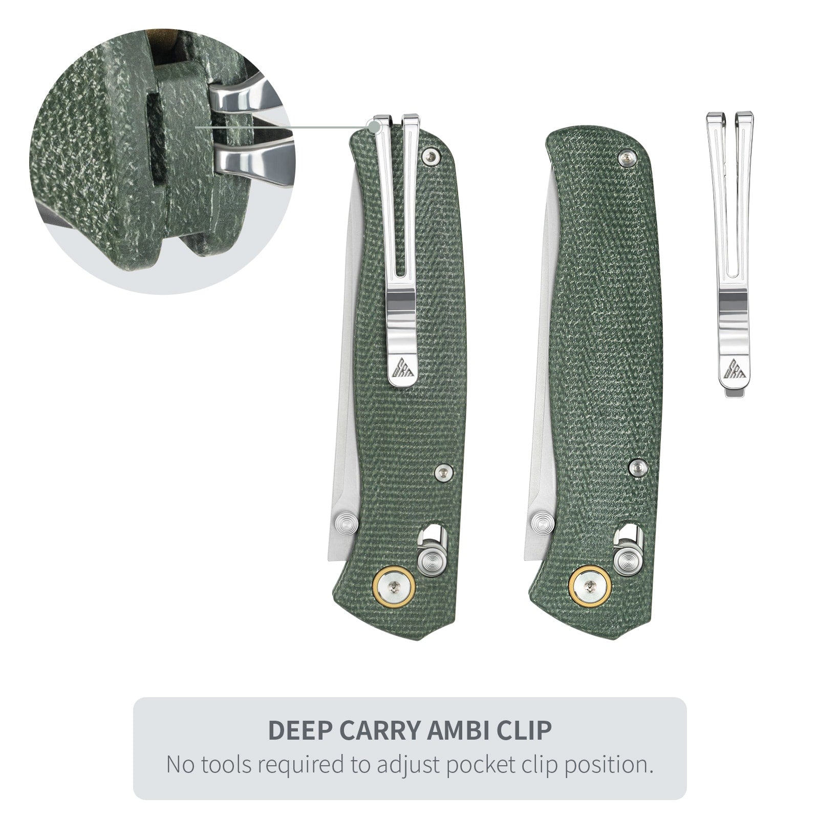 Close-up of SRM Medal 255L-MG3 EDC pocket knife ambidextrous pocket clip