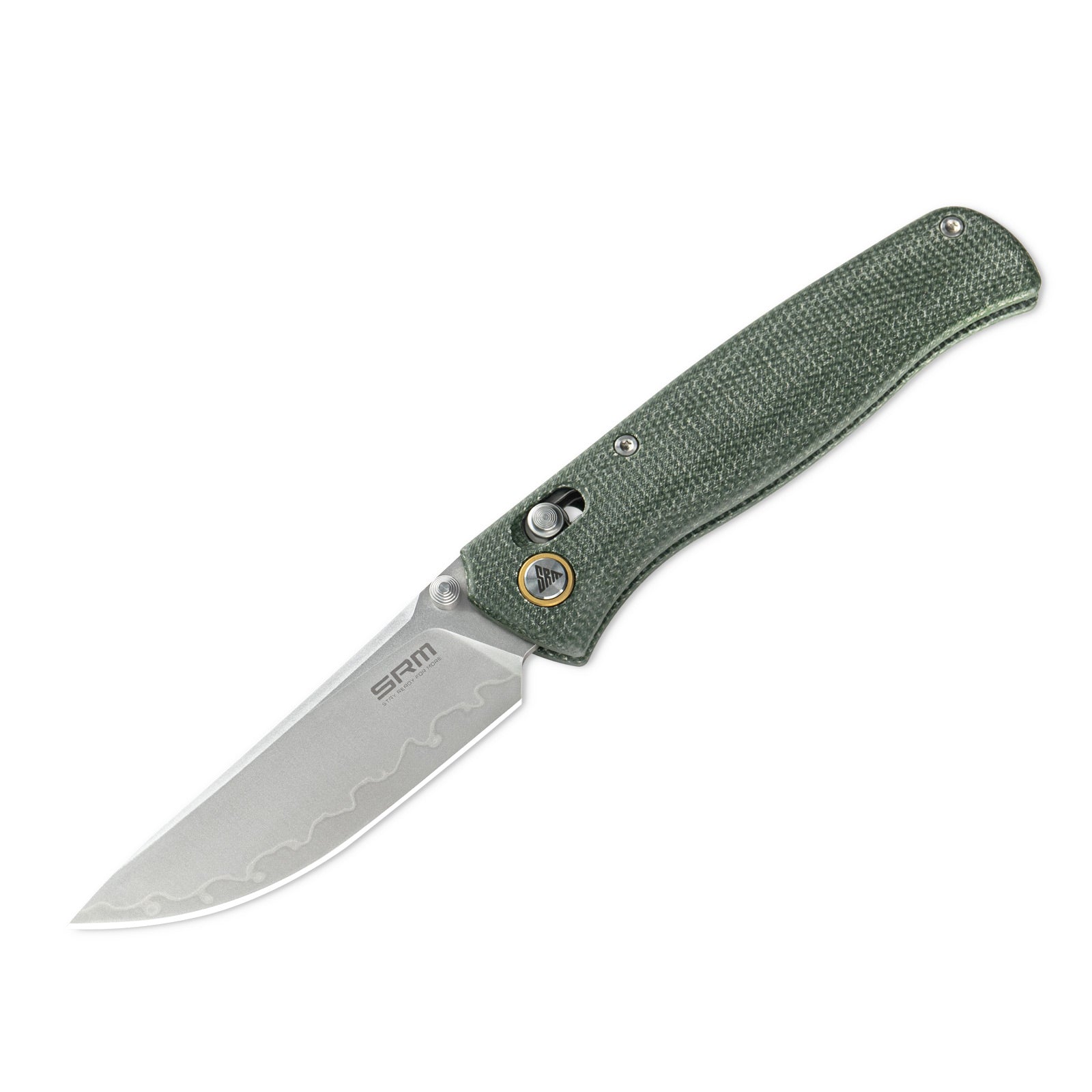 Detailed view of SRM Medal 255L-MG3 EDC pocket knife handle and blade