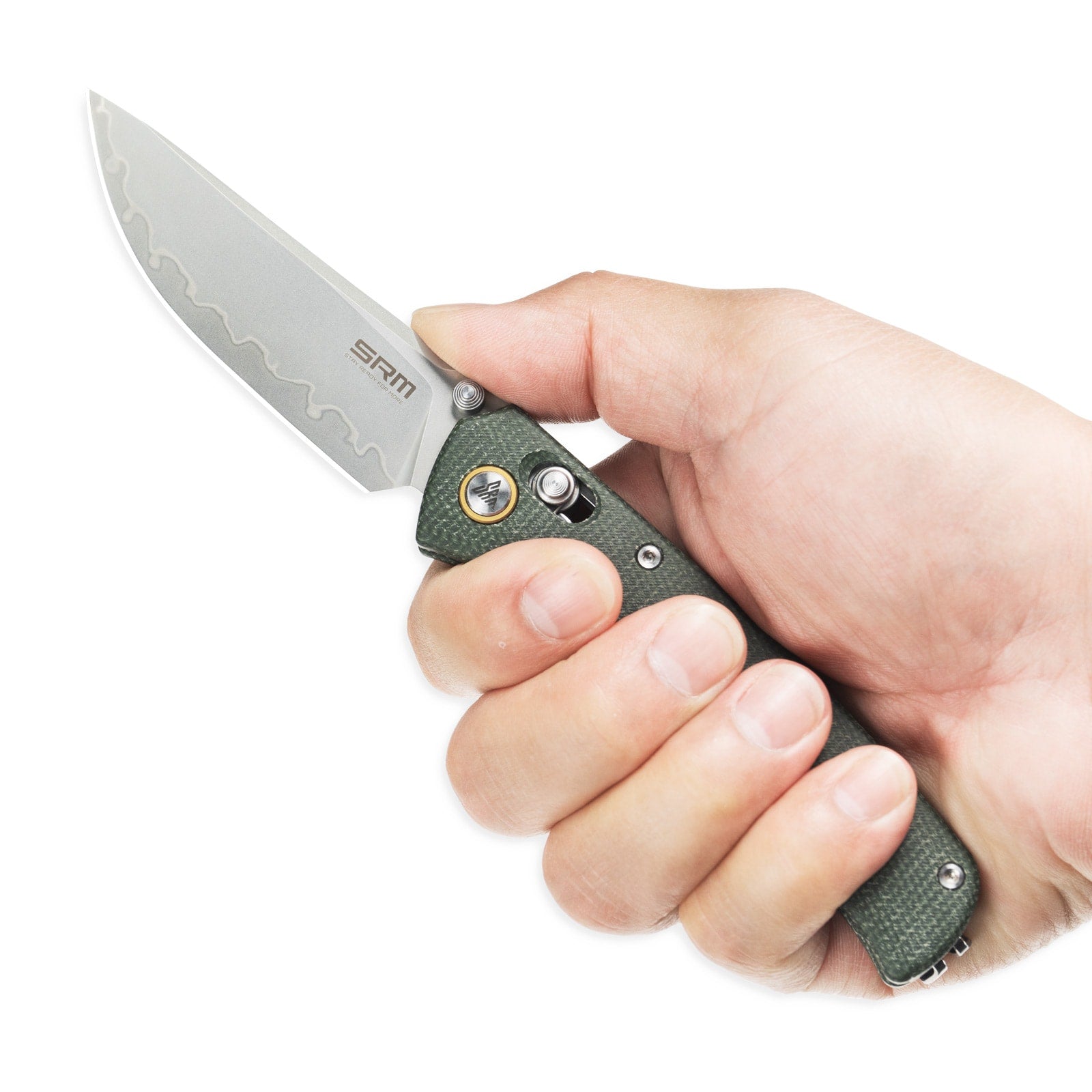 Hand holding SRM Medal 255L-MG3 EDC pocket knife