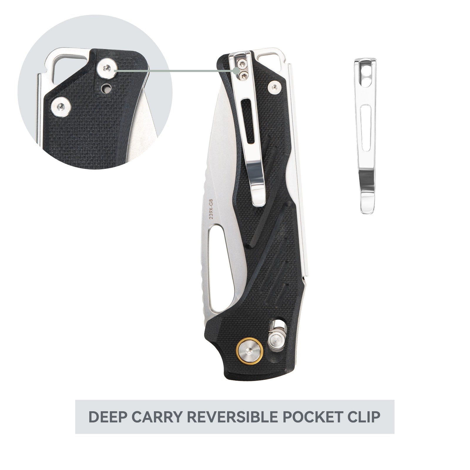 Close-up of SRM Mirage 239X-GB folding hunting knife reversible pocket clip