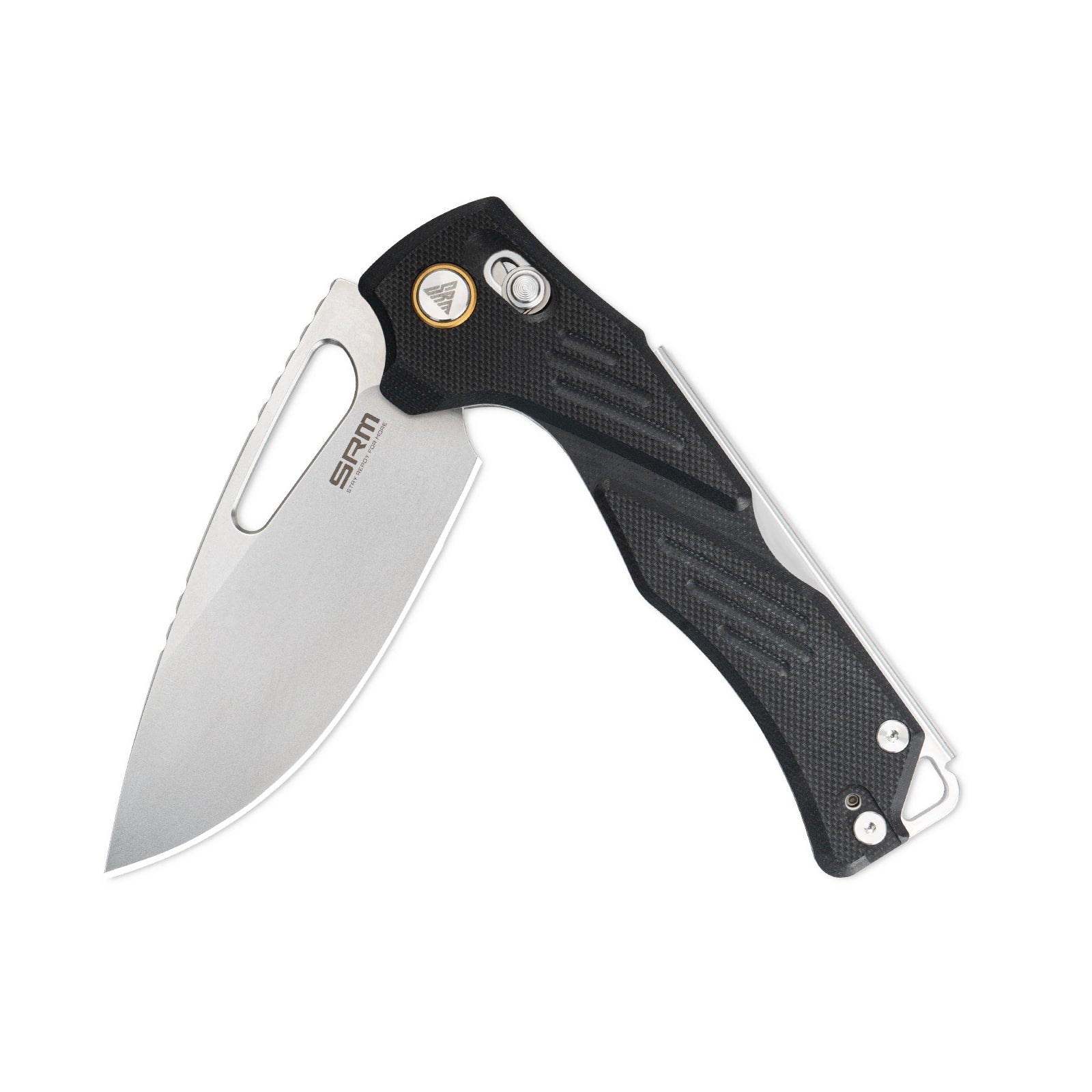 Half-folded state angle of the SRM Mirage 239X-GB folding hunting knife with blade open