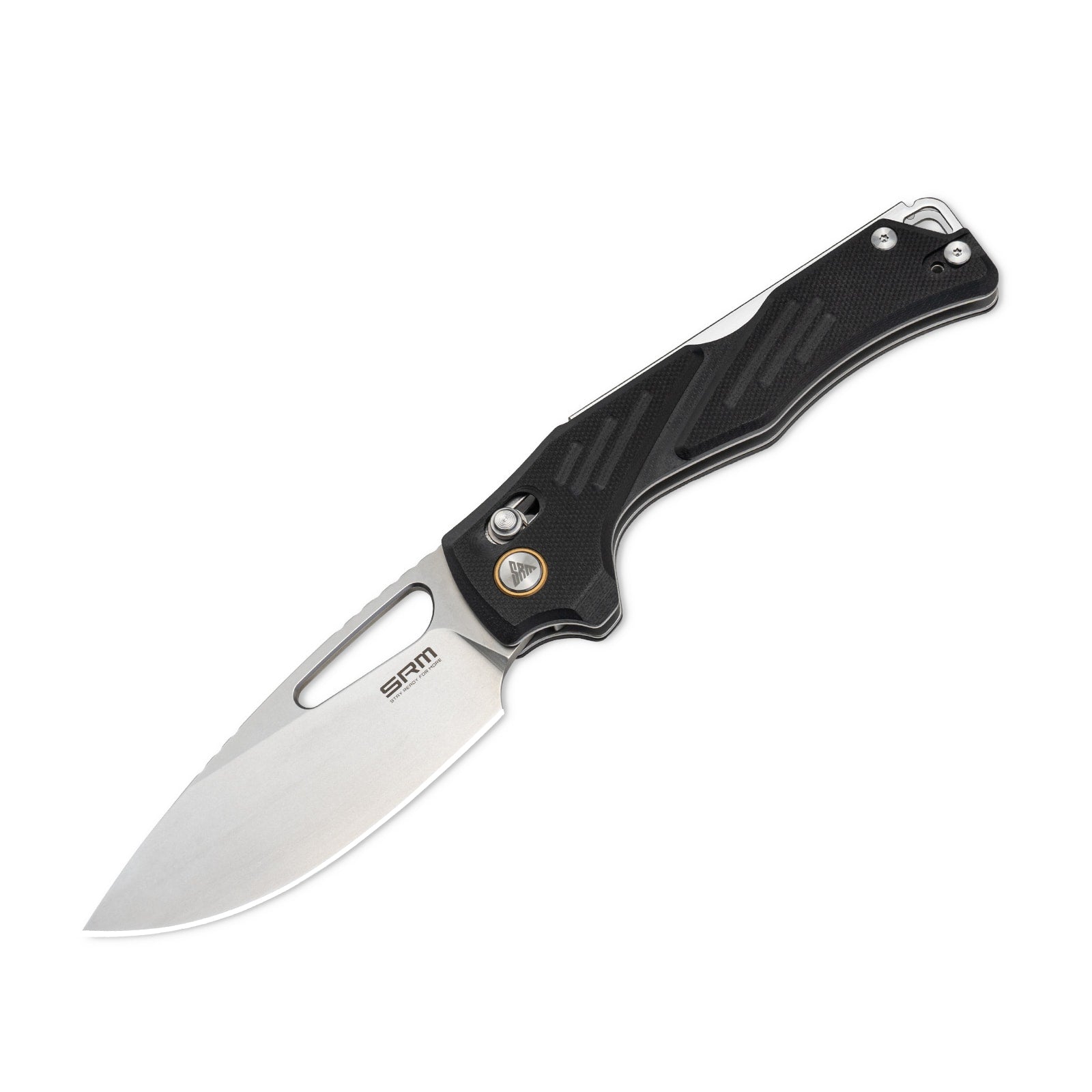 Detailed view of SRM Mirage 239X-GB folding hunting knife handle and blade