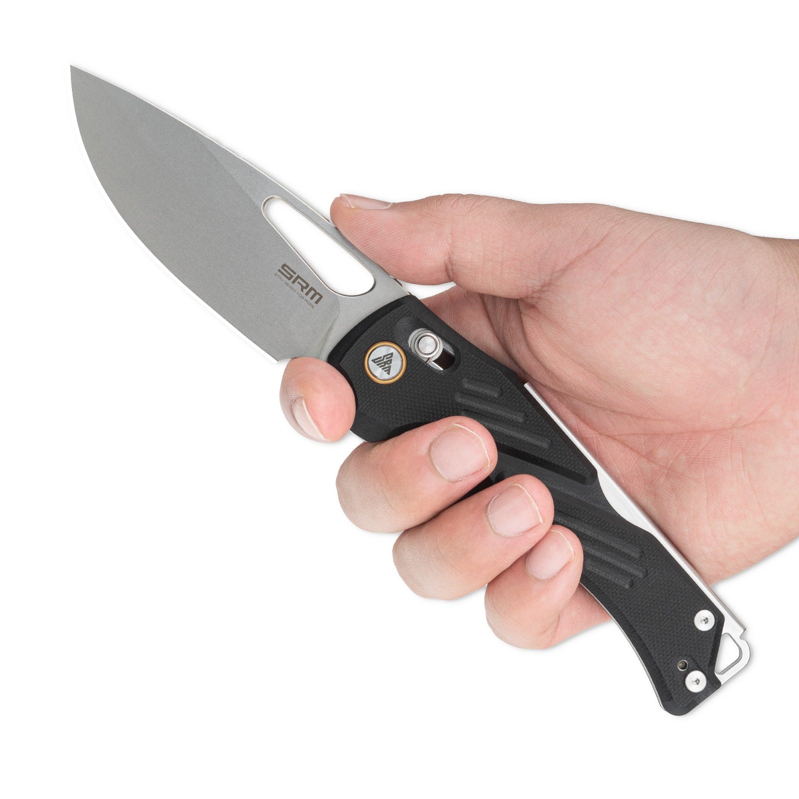 Hand holding SRM Mirage 239X-GB folding hunting knife