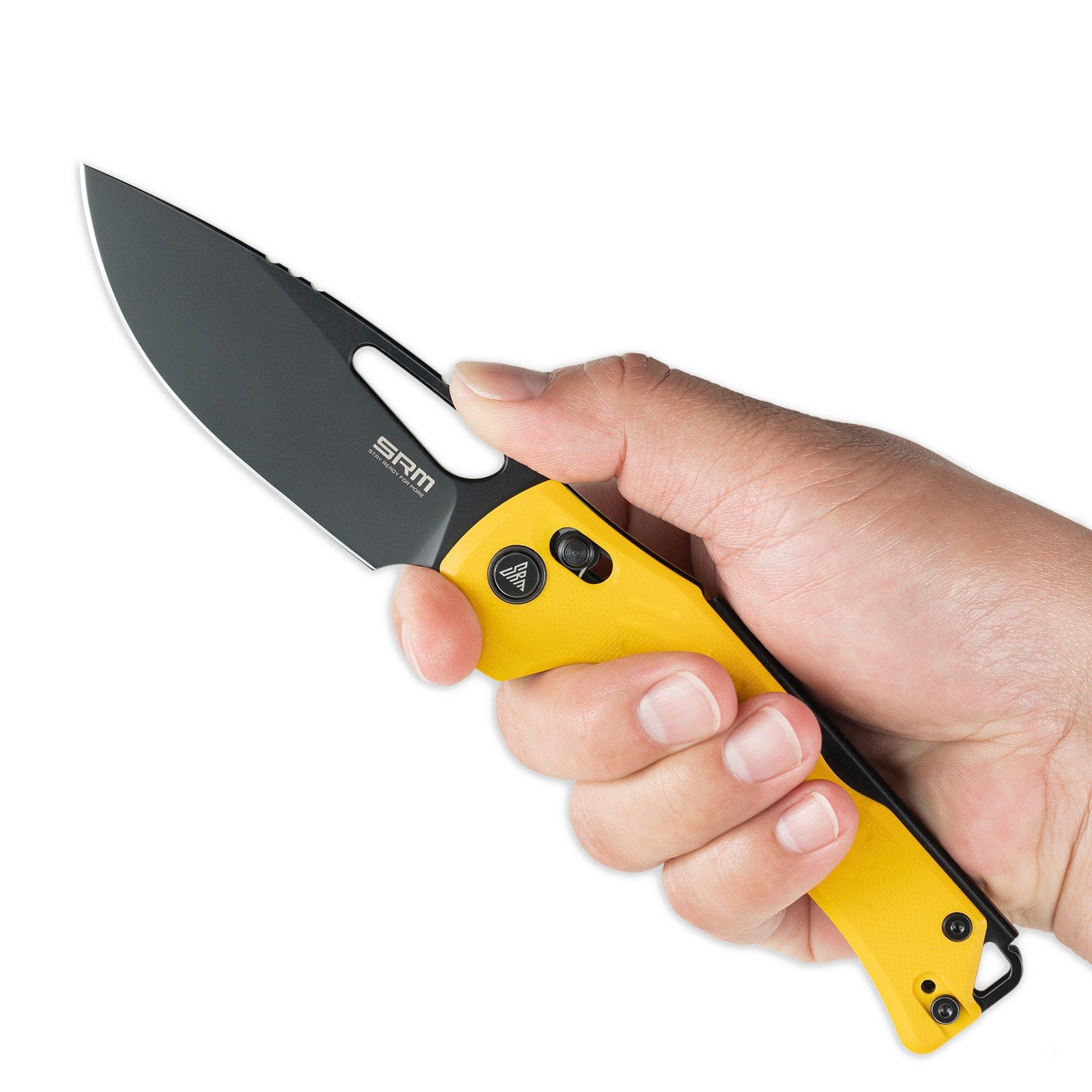 Hand holding SRM Mirage 239X-GY folding hunting knife