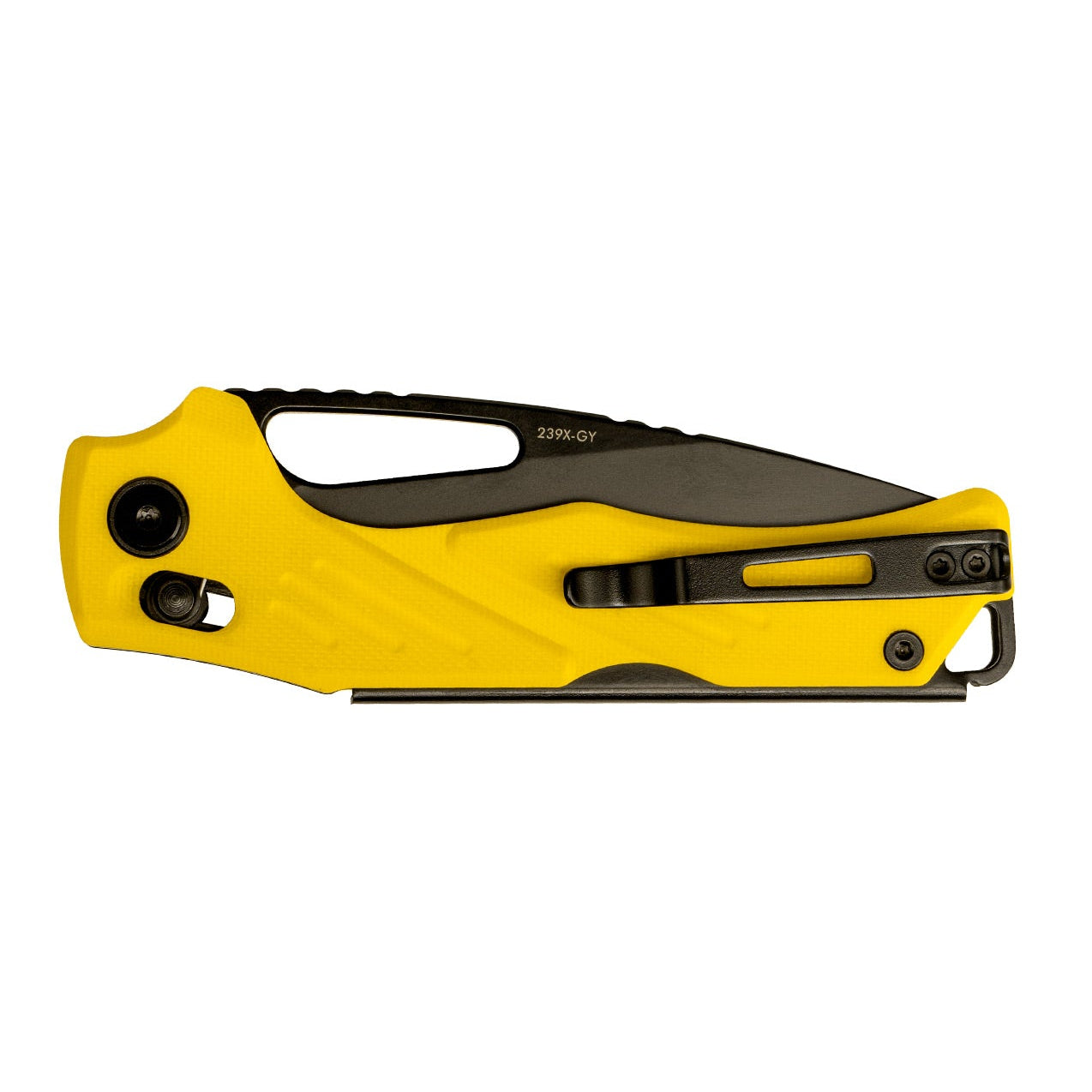 Close-up of SRM Mirage 239X-GY folding hunting knife handle