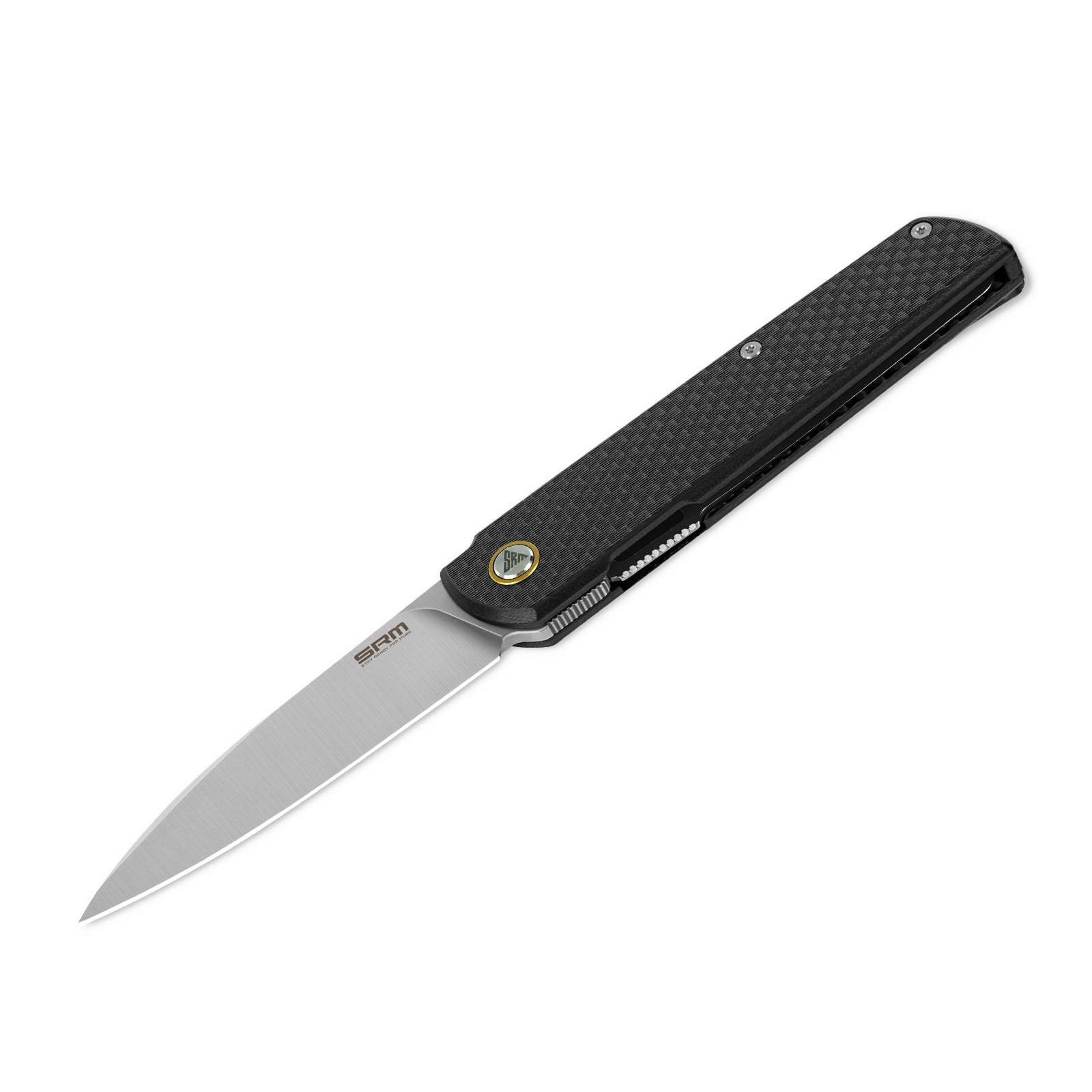 Detailed view of SRM Qrick 408L-KB EDC knife handle and blade