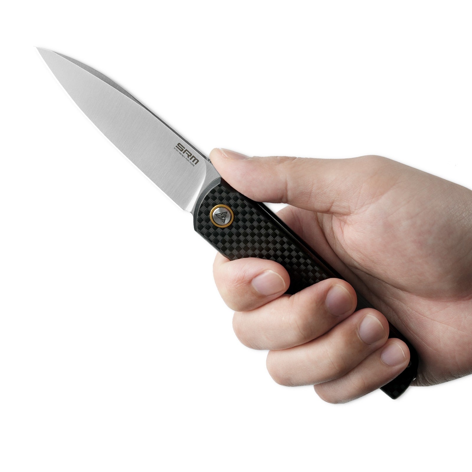 Hand holding SRM Qrick 408L-KB EDC knife