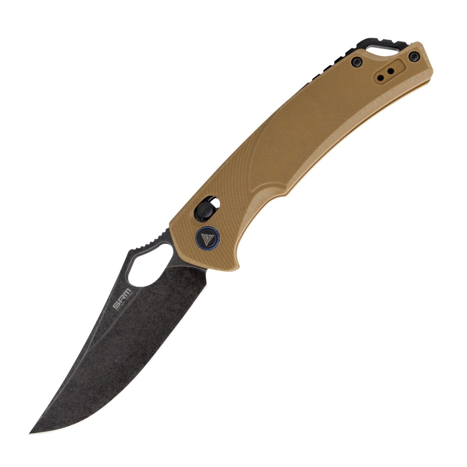 SRM hunting pocket knife Retreiver 9202-GW | D2 steel blade and tan G10 handle