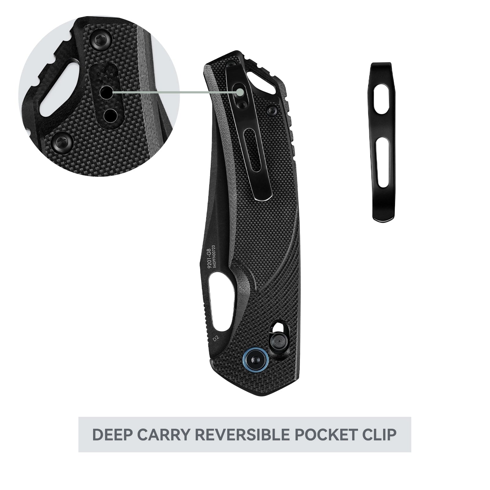 Close-up of SRM Retriever 9201-GB hunting folding knife reversible pocket clip
