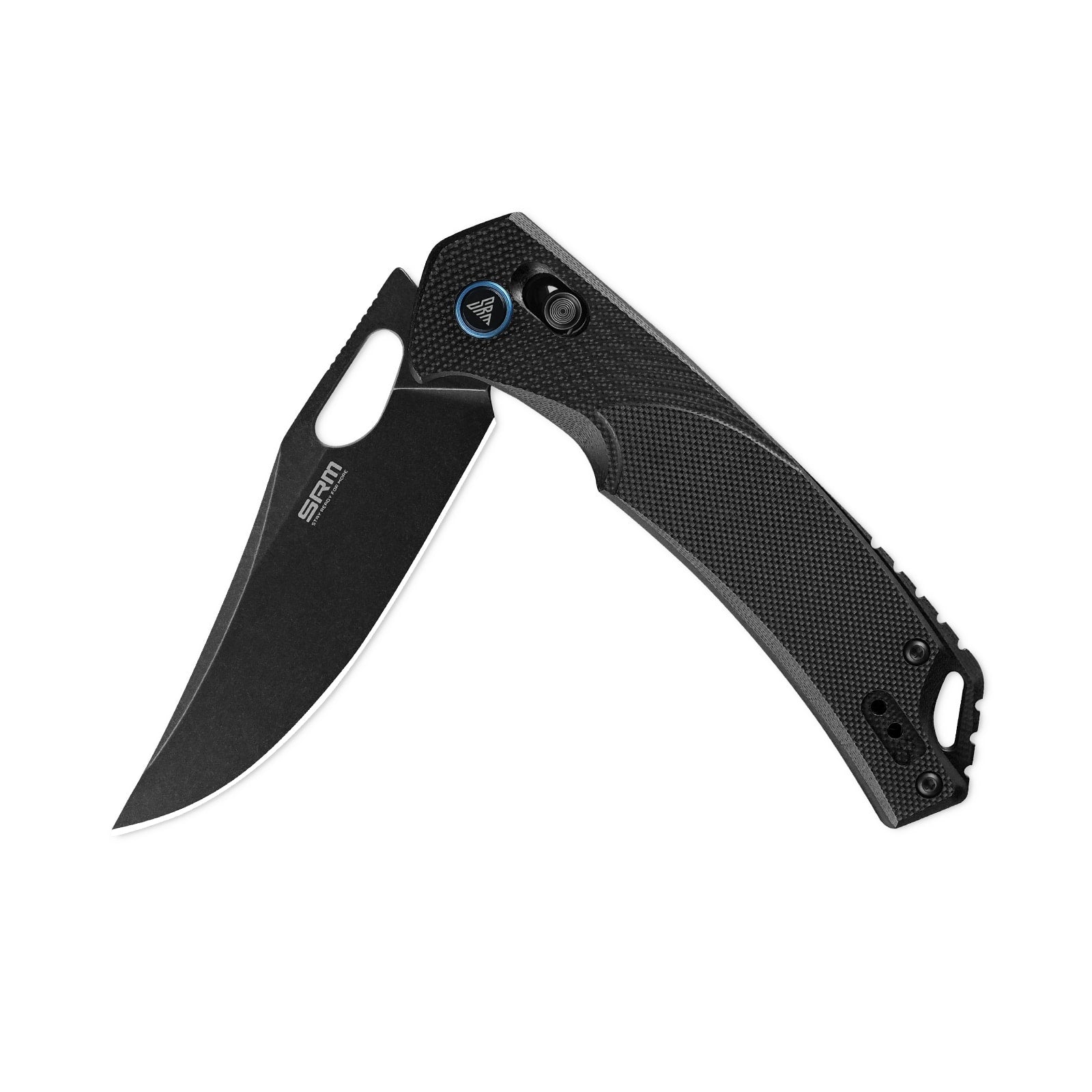 Half-folded state angle of the SRM Retriever 9201-GB hunting folding knife with blade open