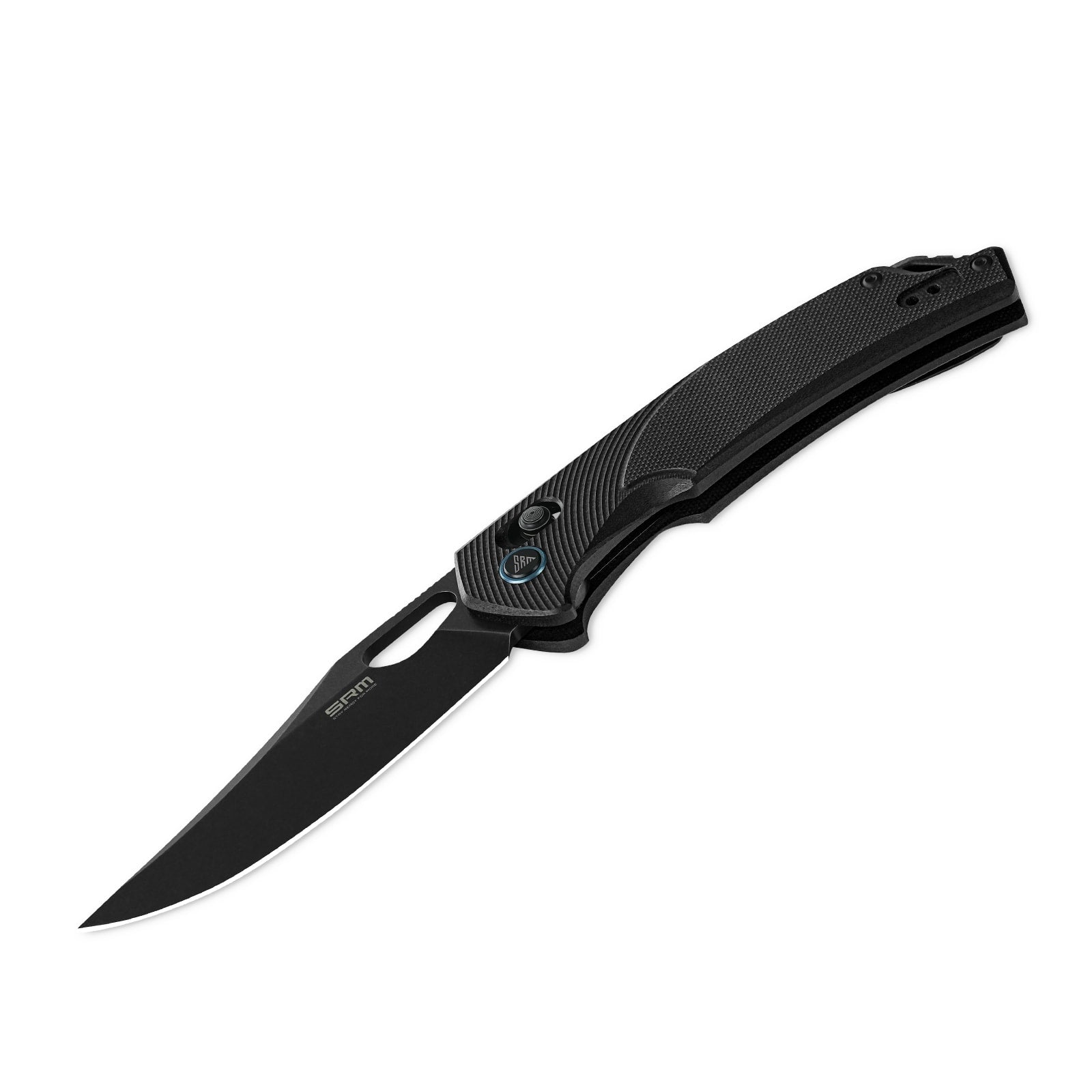 Detailed view of SRM Retriever 9201-GB hunting folding knife handle and blade