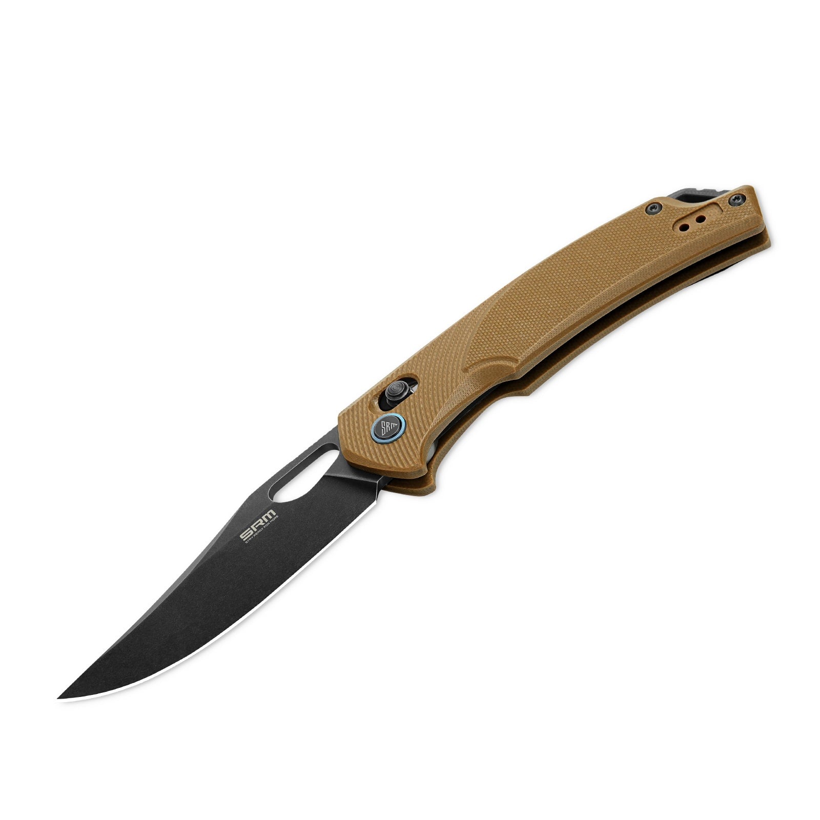 Detailed view of SRM Retriever 9201-GW folding hunting knife handle and blade