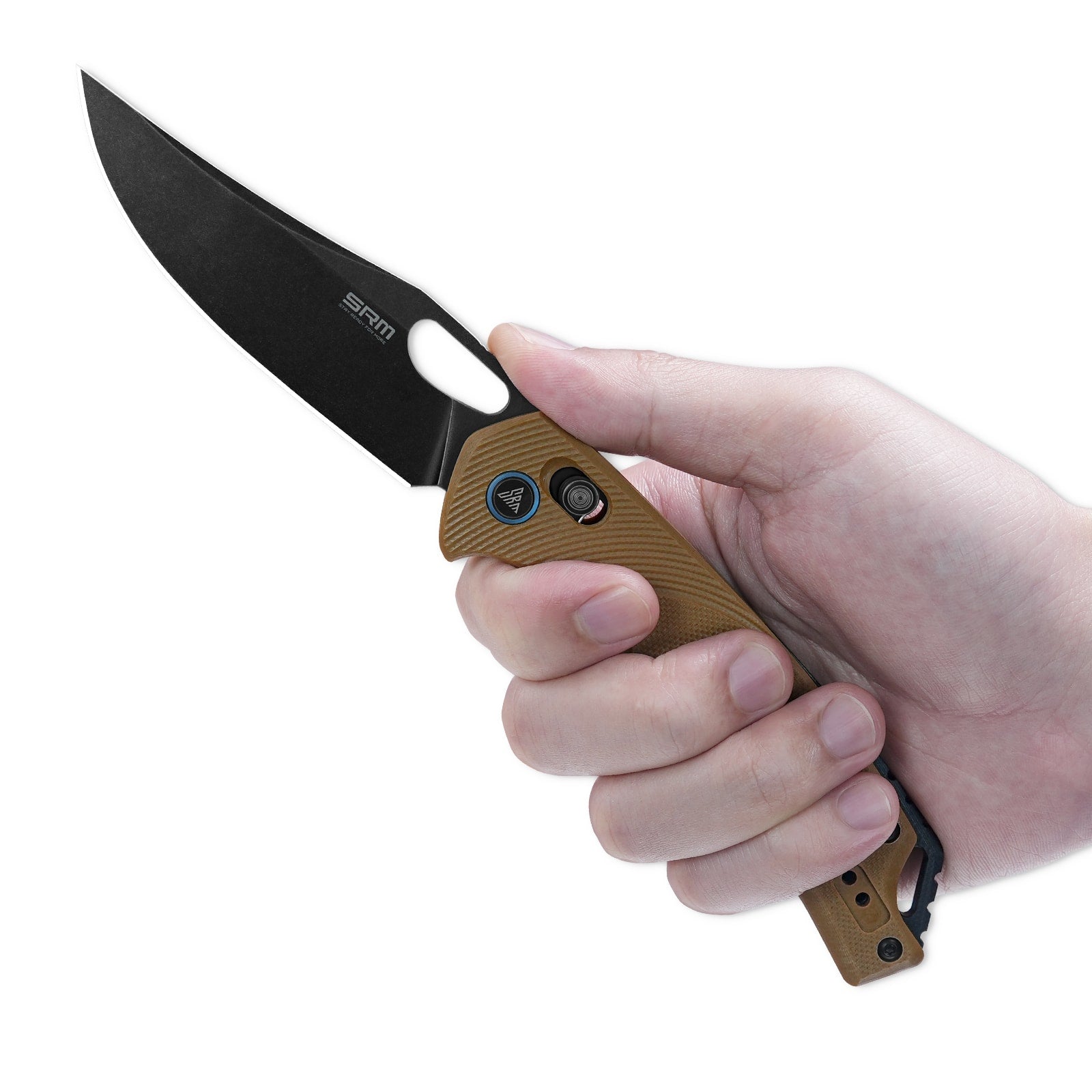 Hand holding SRM Retriever 9201-GW folding hunting knife